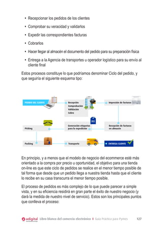 •	 Recepcionar los pedidos de los clientes
•	 Comprobar su veracidad y validarlos
•	 Expedir las correspondientes facturas
•	 Cobrarlos
•	 Hacer llegar al almacén el documento del pedido para su preparación física
•	 Entrega a la Agencia de transportes u operador logístico para su envío al
cliente final
Ciclo del pedido

Estos procesos constituye lo que podríamos denominar Ciclo del pedido, y
que seguiría el siguiente esquema tipo:

BANCO

Recepción
Comprobación
Validación
Cobro

Impresión de facturas

Picking

Generación etiquetas
para la expedición

Recepción de facturas
en almacén

Packing

Transporte

ENTREGA CLIENTE

PEDIDO DEL CLIENTE

En principio, y a menos que el modelo de negocio del ecommerce esté más
orientado a la compra por precio u oportunidad, el objetivo para una tienda
on-line es que este ciclo de pedidos se realice en el menor tiempo posible de
tal forma que desde que un pedido llega a nuestra tienda hasta que el cliente
lo recibe en su casa transcurra el menor tiempo posible.
El proceso de pedidos es más complejo de lo que puede parecer a simple
vista, y en su eficiencia residirá en gran parte el éxito de nuestro negocio (y
dará la medida de nuestro nivel de servicio). Estos son los principales puntos
que conlleva el proceso:

Libro blanco del comercio electrónico I Guía Práctica para Pymes

127

 