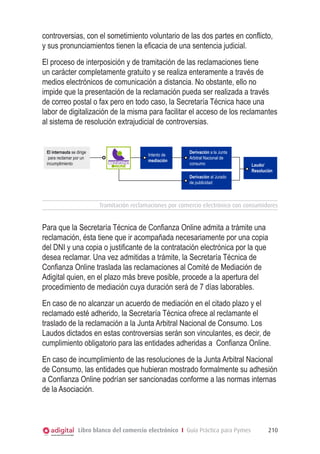 controversias, con el sometimiento voluntario de las dos partes en conflicto,
y sus pronunciamientos tienen la eficacia de una sentencia judicial.
El proceso de interposición y de tramitación de las reclamaciones tiene
un carácter completamente gratuito y se realiza enteramente a través de
medios electrónicos de comunicación a distancia. No obstante, ello no
Tramitación reclamaciones por comercio electrónico con consumidores
impide que la presentación de la reclamación pueda ser realizada a través
de correo postal o fax pero en todo caso, la Secretaría Técnica hace una
labor de digitalización de la misma para facilitar el acceso de los reclamantes
al sistema de resolución extrajudicial de controversias.

El internauta se dirige
para reclamar por un
incumplimiento

Intento de
mediación

Derivación a la Junta
Arbitral Nacional de
consumo
Derivación al Jurado
de publicidad

Laudo/
Resolución

Tramitación reclamaciones por comercio electrónico con consumidores

Para que la Secretaría Técnica de Confianza Online admita a trámite una
reclamación, ésta tiene que ir acompañada necesariamente por una copia
del DNI y una copia o justificante de la contratación electrónica por la que
desea reclamar. Una vez admitidas a trámite, la Secretaría Técnica de
Confianza Online traslada las reclamaciones al Comité de Mediación de
Adigital quien, en el plazo más breve posible, procede a la apertura del
procedimiento de mediación cuya duración será de 7 días laborables.
En caso de no alcanzar un acuerdo de mediación en el citado plazo y el
reclamado esté adherido, la Secretaría Técnica ofrece al reclamante el
traslado de la reclamación a la Junta Arbitral Nacional de Consumo. Los
Laudos dictados en estas controversias serán son vinculantes, es decir, de
cumplimiento obligatorio para las entidades adheridas a Confianza Online.
En caso de incumplimiento de las resoluciones de la Junta Arbitral Nacional
de Consumo, las entidades que hubieran mostrado formalmente su adhesión
a Confianza Online podrían ser sancionadas conforme a las normas internas
de la Asociación.

Libro blanco del comercio electrónico I Guía Práctica para Pymes

210

 