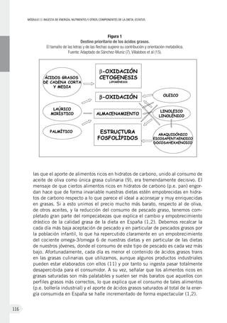 MÓDULOII: Ingesta de energía, nutrientes y otros componentes de la dieta. Estatus
116
las que el aporte de alimentos ricos en hidratos de carbono, unido al consumo de
aceite de oliva como única grasa culinaria (9), era tremendamente decisivo. El
mensaje de que ciertos alimentos ricos en hidratos de carbono (p.e. pan) engor-
dan hace que de forma invariable nuestras dietas estén empobrecidas en hidra-
tos de carbono respecto a lo que parece el ideal a aconsejar y muy enriquecidas
en grasas. Si a esto unimos el precio mucho más barato, respecto al de oliva,
de otros aceites, y la reducción del consumo de pescado graso, tenemos com-
pletado gran parte del rompecabezas que explica el cambio y empobrecimiento
drástico de la calidad grasa de la dieta en España (1,2). Debemos recalcar la
cada día más baja aceptación de pescado y en particular de pescados grasos por
la población infantil, lo que ha repercutido claramente en un empobrecimiento
del cociente omega-3/omega 6 de nuestras dietas y en particular de las dietas
de nuestros jóvenes, donde el consumo de este tipo de pescado es cada vez más
bajo. Afortunadamente, cada día es menor el contenido de ácidos grasos trans
en las grasas culinarias que utilizamos, aunque algunos productos industriales
pueden estar elaborados con ellos (11) y por tanto su ingesta pasar totalmente
desapercibida para el consumidor. A su vez, señalar que los alimentos ricos en
grasas saturadas son más palatables y suelen ser más baratos que aquellos con
perfiles grasos más correctos, lo que explica que el consumo de tales alimentos
(p.e. bollería industrial) y el aporte de ácidos grasos saturados al total de la ener-
gía consumida en España se halle incrementado de forma espectacular (1,2).
Figura 1
Destino prioritario de los ácidos grasos.
El tamaño de las letras y de las flechas sugiere su contribución y orientación metabólica.
Fuente: Adaptado de Sánchez-Muniz (7), Villalobos et al (15).
 