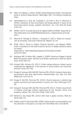 MÓDULOII: Ingesta de energía, nutrientes y otros componentes de la dieta. Estatus
132
(4)	Otten J HJ, Meyers L, editors. (2006). Dietary Reference Intakes: The Essential
Guide to Nutrient Requirements. Washington (DC): The National Academies
Press.
(5)	 Varela-Moreiras G, Avila JM, Cuadrado C, del Pozo S, Ruiz E, Moreiras O.
(2010). Evaluation of food consumption and dietary patterns in Spain by the
Food Consumption Survey: updated information. Eur J Clin Nutr 64 Suppl
3:S37-43.
(6)	 AESAN. (2012). Encuesta Nacional de Ingesta Dietética (ENIDE). Disponible en:
http://www.aesan.msc.es/AESAN/web/evaluacion_riesgos/subseccion/enide.
shtml.
(7)	Moreiras O, Carbajal A, Cabrera L, Cuadrado C. (2011). Tablas de composi-
ción de alimentos. Ediciones Pirámide SA. Madrid. Ed 15ª.
(8)	EFSA. (2011). Panel on Dietetic Products Nutrition, and Allergies (NDA).
Public consultation on the draft scientific opinion on dietary reference values
for protein.
Disponible en: http://wwwefsaeuropaeu/en/consultationsclosed/
call/110712pdf.
(9)	Rodriguez NR, Di Marco NM, Langley S. (2009). American College of Sports
Medicine position stand. Nutrition and athletic performance. Med Sci Sports
Exerc 41(3):709-731.
(10)	 Kniskern MA, Johnston CS. (2011). Protein dietary reference intakes may be
inadequate for vegetarians if low amounts of animal protein are consumed.
Nutrition 27(6):727-730.
(11)	Elango R, Humayun MA, Ball RO, Pencharz PB. (2010). Evidence that protein
requirements have been significantly underestimated. Curr Opin Clin Nutr
Metab Care 13(1):52-57.
(12)	Elango R, Ball RO, Pencharz PB. (2012). Recent advances in determining
protein and amino acid requirements in humans. Br J Nutr 108 Suppl 2:22-
30.
(13)	Elango R, Humayun MA, Ball RO, Pencharz PB. (2011). Protein requirement
of healthy school-age children determined by the indicator amino acid
oxidation method. Am J Clin Nutr 94(6):1545-1552.
(14)	McNeill S, Van Elswyk ME. (2012). Red meat in global nutrition. Meat Sci
92(3):166-173.
(15)	 Paddon-Jones D, Rasmussen BB. (2009). Dietary protein recommendations and
the prevention of sarcopenia. Curr Opin Clin Nutr Metab Care 12(1):86-90.
 