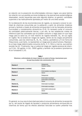 II.5. Vitaminas
147
en relación con la prevención de enfermedades crónicas o lograr una salud óptima
(en relación con sus posibles acciones biológicas o las asociaciones epidemiológicas
observadas), siendo requeridas para este segundo objetivo, en general, cantidades
superiores a las habitualmente aportadas por medio de una dieta variada.
En la elaboración de las recomendaciones de ingesta, es necesario conocer la can-
tidad de vitaminas consumidas por la población a partir de alimentos (materias
primas) y también a través de alimentos enriquecidos (o de los llamados alimentos
funcionales) y complementos alimenticios (2-4). Es necesario evitar el consumo
de cantidades potencialmente tóxicas, y por ello, se han establecido niveles de
referencia para las cantidades que se pueden consumir a largo plazo sin que haya
riesgo para la salud (ej. el nivel máximo de ingesta tolerable, UL, de sus siglas
en inglés). No se evidencian riesgos de ingesta, dentro de los rangos actualmente
consumidos, para las vitaminas B1, B2, B12, biotina, pantoténico y K (en forma de
filoquinona), y por tanto, no representan un riesgo para la salud humana. Represen-
ta un bajo riesgo determinados consumos de B6, C, E, fólico y niacina, que podrían
exceder las UL. Finalmente, hay un potencial riesgo por ingesta excesiva de vitami-
na D (UL: 50 μg/día), A (UL: 3000 μg/día) y también de b-caroteno (provitamina
A) en fumadores (1,4).
Tabla 1
Vitaminas y enfermedades de mayor impacto en salud en Europa. Asociaciones para
las que hay pruebas más convincentes (14)
Vitamina D
Osteoporosis
Diabetes mellitus
Vitamina A (incluyendo b-caroteno) Cáncer
Vitamina E
Enfermedades neurológicas
Cáncer
Vitamina K Osteoporosis
Folato
Enfermedad neurológica
Enfermedad cardiovascular
Cáncer
Vitamina B12 Enfermedad neurológica
Vitamina B6 Enfermedad neurológica
Vitamina C
Enfermedad cardiovascular
Cáncer
Vitamina B2 Crecimiento
En general, es muy rara la toxicidad asociada al consumo de alimentos (a excepción
por ej. del aceite de hígado de bacalao) o productos alimentarios enriquecidos en
vitaminas de forma que los efectos adversos/ toxicidad se suelen presentar tras
 