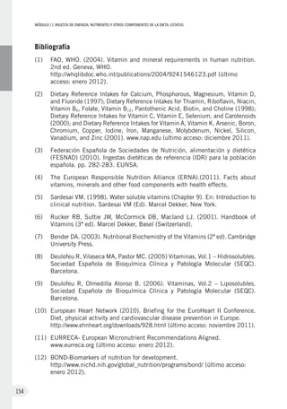 MÓDULOII: Ingesta de energía, nutrientes y otros componentes de la dieta. Estatus
154
Bibliografía
(1)	 FAO, WHO. (2004). Vitamin and mineral requirements in human nutrition.
2nd ed. Geneva, WHO.
http://whqlibdoc.who.int/publications/2004/9241546123.pdf (último
acceso: enero 2012).
(2)	 Dietary Reference Intakes for Calcium, Phosphorous, Magnesium, Vitamin D,
and Fluoride (1997); Dietary Reference Intakes for Thiamin, Riboflavin, Niacin,
Vitamin B6, Folate, Vitamin B12, Pantothenic Acid, Biotin, and Choline (1998);
Dietary Reference Intakes for Vitamin C, Vitamin E, Selenium, and Carotenoids
(2000); and Dietary Reference Intakes for Vitamin A, Vitamin K, Arsenic, Boron,
Chromium, Copper, Iodine, Iron, Manganese, Molybdenum, Nickel, Silicon,
Vanadium, and Zinc (2001). www.nap.edu (ultimo acceso: diciembre 2011).
(3)	 Federación Española de Sociedades de Nutrición, alimentación y dietética
(FESNAD) (2010). Ingestas dietéticas de referencia (IDR) para la población
española. pp. 282-283. EUNSA.
(4)	The European Responsible Nutrition Alliance (ERNA).(2011). Facts about
vitamins, minerals and other food components with health effects.
(5)	Sardesai VM. (1998). Water soluble vitamins (Chapter 9). En: Introduction to
clinical nutrition. Sardesai VM (Ed). Marcel Dekker, New York.
(6)	Rucker RB, Suttie JW, McCormick DB, Macland LJ. (2001). Handbook of
Vitamins (3ª ed). Marcel Dekker, Basel (Switzerland).
(7)	 Bender DA. (2003). Nutritional Biochemistry of the Vitamins (2ª ed). Cambridge
University Press.
(8)	Deulofeu R, Vilaseca MA, Pastor MC. (2005) Vitaminas, Vol.1 – Hidrosolubles.
Sociedad Española de Bioquímica Clínica y Patología Molecular (SEQC).
Barcelona.
(9)	Deulofeu R, Olmedilla Alonso B. (2006). Vitaminas, Vol.2 – Liposolubles.
Sociedad Española de Bioquímica Clínica y Patología Molecular (SEQC).
Barcelona.
(10)	European Heart Network (2010). Briefing for the EuroHeart II Conference.
Diet, physical activity and cardiovascular disease prevention in Europe.
http://www.ehnheart.org/downloads/928.html (último acceso: noviembre 2011).
(11)	EURRECA- European Micronutrient Recommendations Aligned.
www.eurreca.org (último acceso: enero 2012).
(12)	 BOND-Biomarkers of nutrition for development.
http://www.nichd.nih.gov/global_nutrition/programs/bond/ (último acceso:
enero 2012).
 