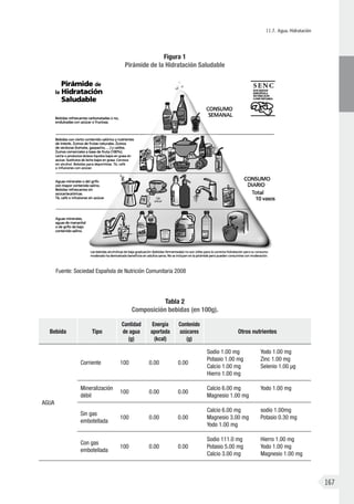 II.7. Agua. Hidratación
167
Figura 1
Pirámide de la Hidratación Saludable
Fuente: Sociedad Española de Nutrición Comunitaria 2008
Tabla 2
Composición bebidas (en 100g).
Bebida Tipo
Cantidad
de agua
(g)
Energía
aportada
(kcal)
Contenido
azúcares
(g)
Otros nutrientes
AGUA
Corriente 100 0.00 0.00
Sodio 1.00 mg
Potasio 1.00 mg
Calcio 1.00 mg
Hierro 1.00 mg
Yodo 1.00 mg
Zinc 1.00 mg
Selenio 1.00 µg
Mineralización
débil
100 0.00 0.00
Calcio 6.00 mg
Magnesio 1.00 mg
Yodo 1.00 mg
Sin gas
embotellada
100 0.00 0.00
Calcio 6.00 mg
Magnesio 3.00 mg
Yodo 1.00 mg
sodio 1.00mg
Potasio 0.30 mg
Con gas
embotellada
100 0.00 0.00
Sodio 111.0 mg
Potasio 5.00 mg
Calcio 3.00 mg
Hierro 1.00 mg
Yodo 1.00 mg
Magnesio 1.00 mg
 