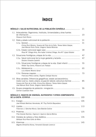 ÍNDICE
MÓDULO I: SALUD NUTRICIONAL DE LA POBLACIÓN ESPAÑOLA........................... 	 21
	 I.1.	 Antecedentes: Organismos, Institutos, Universidades y otras fuentes
de información............................................................................................ 	 23
Rosaura Farré Rovira
	 I.2.	 Dieta y estado nutricional de la población...................................................... 	 31
I.2.a.	 General............................................................................................. 	 31
Emma Ruiz Moreno, Susana del Pozo de la Calle, Teresa Valero Gaspar,
José Manuel Ávila Torres, Gregorio Varela Moreiras
I.2.b.	Estado nutricional según sexo............................................................. 	 39
Rosa M.ª Ortega Anta, Ana Isabel Jiménez Ortega, Ana M.ª López-Sobaler
	 I.3.	 Situaciones fisiológicas y etapas de la vida.................................................... 	 47
I.3.a.	 Salud nutricional de la mujer gestante y lactante.................................. 	 47
Dolores Silvestre Castelló
I.3.b.	Situaciones fisiológicas y etapas de la vida. Edad infantil...................... 	 55
Rafael Tojo Sierra, Rosaura Leis Trabazo
I.3.c.	 Adolescencia..................................................................................... 	 65
Luis Alberto Moreno Aznar
I.3.d.	Personas mayores.............................................................................. 	 73
Francisca Pérez Llamas, Ángeles Carbajal Azcona
	 I.4.	 Otras variables: Diferencias geográficas; estado socioeconómico;
medio rural vs. medio urbano; ocupación laboral; estructura familiar................ 	 85
Susana del Pozo de la Calle, Emma Ruiz Moreno, Teresa Valero Gaspar,
José Manuel Ávila Torres, Gregorio Varela Moreiras
	 I.5.	 Grupos emergentes de población: inmigración................................................ 	 95
Carmen Cuadrado Vives
MÓDULO II: INGESTA DE ENERGÍA, NUTRIENTES Y OTROS COMPONENTES
DE LA DIETA. ESTATUS......................................................................................... 	103
	 II.1.	 Energía...................................................................................................... 	105
José Alfredo Martínez Hernández, M.ª Puy Portillo Baquedano
	 II.2.	 Lípidos....................................................................................................... 	113
Francisco J. Sánchez-Muniz, Sara Bastida Codina
	 II.3.	 Proteínas.................................................................................................... 	125
Pilar Aranda Ramírez, Virginia A. Aparicio García-Molina
	 II.4.	 Hidratos de carbono y fibra dietética............................................................. 	135
Baltasar Ruiz-Roso Calvo de Mora
	 II.5.	 Vitaminas................................................................................................... 	145
Begoña Olmedilla Alonso, Fernando Granado Lorencio
 