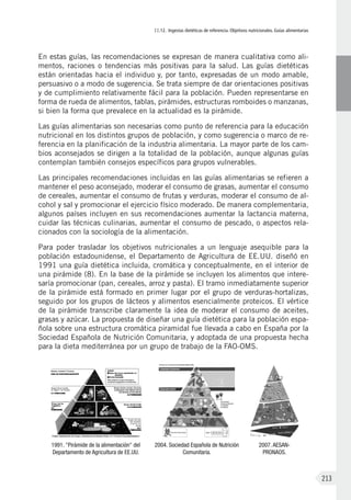 II.12. Ingestas dietéticas de referencia. Objetivos nutricionales. Guías alimentarias
213
En estas guías, las recomendaciones se expresan de manera cualitativa como ali-
mentos, raciones o tendencias más positivas para la salud. Las guías dietéticas
están orientadas hacia el individuo y, por tanto, expresadas de un modo amable,
persuasivo o a modo de sugerencia. Se trata siempre de dar orientaciones positivas
y de cumplimiento relativamente fácil para la población. Pueden representarse en
forma de rueda de alimentos, tablas, pirámides, estructuras romboides o manzanas,
si bien la forma que prevalece en la actualidad es la pirámide.
Las guías alimentarias son necesarias como punto de referencia para la educación
nutricional en los distintos grupos de población, y como sugerencia o marco de re-
ferencia en la planificación de la industria alimentaria. La mayor parte de los cam-
bios aconsejados se dirigen a la totalidad de la población, aunque algunas guías
contemplan también consejos específicos para grupos vulnerables.
Las principales recomendaciones incluidas en las guías alimentarias se refieren a
mantener el peso aconsejado, moderar el consumo de grasas, aumentar el consumo
de cereales, aumentar el consumo de frutas y verduras, moderar el consumo de al-
cohol y sal y promocionar el ejercicio físico moderado. De manera complementaria,
algunos países incluyen en sus recomendaciones aumentar la lactancia materna,
cuidar las técnicas culinarias, aumentar el consumo de pescado, o aspectos rela-
cionados con la sociología de la alimentación.
Para poder trasladar los objetivos nutricionales a un lenguaje asequible para la
población estadounidense, el Departamento de Agricultura de EE.UU. diseñó en
1991 una guía dietética incluida, cromática y conceptualmente, en el interior de
una pirámide (8). En la base de la pirámide se incluyen los alimentos que intere-
saría promocionar (pan, cereales, arroz y pasta). El tramo inmediatamente superior
de la pirámide está formado en primer lugar por el grupo de verduras-hortalizas,
seguido por los grupos de lácteos y alimentos esencialmente proteicos. El vértice
de la pirámide transcribe claramente la idea de moderar el consumo de aceites,
grasas y azúcar. La propuesta de diseñar una guía dietética para la población espa-
ñola sobre una estructura cromática piramidal fue llevada a cabo en España por la
Sociedad Española de Nutrición Comunitaria, y adoptada de una propuesta hecha
para la dieta mediterránea por un grupo de trabajo de la FAO-OMS.
1991. "Pirámide de la alimentación" del
Departamento de Agricultura de EE.UU.
2004. Sociedad Española de Nutrición
Comunitaria.
2007. AESAN-
PRONAOS.
 