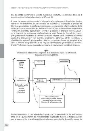 MÓDULOIV: PATOLOGÍAS ASOCIADAS A LA NUTRICIÓN. PREVALENCIA, PREVENCIÓN Y TRATAMIENTO NUTRICIONAL
280
que se ponga en marcha el soporte nutricional oportuno, conllevan al deterioro o
empeoramiento del estado nutricional (Figura 1).
A pesar de que no existe un criterio internacional común para el diagnóstico de des-
nutrición, recientemente en un consenso de expertos (3) se propuso el empleo de
términos vinculados a la etiología, reconociendo la interacción y la importancia de la
inflamación en su desarrollo. Así, la inanición crónica sin inflamación se denominaría
“inanición asociada a desnutrición” (como es el caso de la anorexia nerviosa); cuan-
do la desnutrición se instaura en el contexto de una ­inflamación de carácter crónico
y en grado leve a moderado, el término correcto a emplear sería “enfermedad crónica
asociada a desnutrición” (son ejemplos el cáncer de páncreas, artritis reumatoide u
obesidad sarcopénica); y en aquellos casos en los que la inflamación es aguda y se-
vera, el término apropiado sería el de “injuria o enfermedad aguda asociada a desnu-
trición” (infección mayor, quemaduras, trauma o traumatismo cerrado de cráneo).
Figura 1
Círculo vicioso del desarrollo y progresión de la desnutrición ligada a la enfermedad.
Adaptado de Norman K, 2008 (5)
Lamentablemente, la cascada de fenómenos que componen el círculo vicioso des-
crito en la figura anterior, se ve exacerbada o agravada durante la hospitalización
por la ausencia de programas protocolizados que permitan la detección precoz de
 