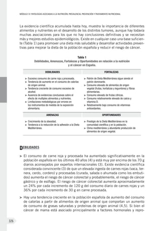 MÓDULOIV: PATOLOGÍAS ASOCIADAS A LA NUTRICIÓN. PREVALENCIA, PREVENCIÓN Y TRATAMIENTO NUTRICIONAL
326
La evidencia científica acumulada hasta hoy, muestra la importancia de diferentes
alimentos y nutrientes en el desarrollo de los distintos tumores, aunque hay todavía
muchas asociaciones para los que no hay conclusiones definitivas y se necesitan
más y mejores estudios epidemiológicos. Existe en cualquier caso una base suficien-
te (Tabla 1) para promover una dieta más saludable y desarrollar actividades preven-
tivas para mejorar la dieta de la población española y reducir el riesgo de cáncer.
Tabla 1
Debilidades, Amenazas, Fortalezas y Oportunidades en relación a la nutrición
y el cáncer en España.
DEBILIDADES FORTALEZAS
>	 Excesivo consumo de carne roja y procesada.
>	 Tendencia de aumento en el consumo de calorías
de origen animal.
>	 Tendencia creciente de consumo excesivo de
alcohol.
>	 Ausencia de evidencias conclusivas sobre el
efecto de multiples alimentos y nutrientes.
>	 Limitaciones metodológicas por errores en
los instrumentos de medida de la exposición
alimentaria.
>	 Patrón de Dieta Mediterránea sigue siendo el
patrón dominante.
>	 Consumo elevado de alimentos de origen
vegetal (frutas, hortalizas y legumbres) y fibras
alimentarias.
>	 Consumo elevado de frutas cítricas.
>	 Consumo relativamente elevado de calcio y
vitamina D.
>	 Relativamente bajo consumo de vitaminas
antioxidantes.
AMENAZAS OPORTUNIDADES
>	 Crecimiento de la obesidad.
>	 Tendencia a la reducción de la adhesión a la Dieta
Mediterránea.
>	 Prestigio de la Dieta Mediterránea en la
comunidad científica y en la población.
>	 Clima mediterráneo y abundante producción de
alimentos de origen vegetal.
DEBILIDADES
>	 El consumo de carne roja y procesada ha aumentado significativamente en la
población española en los últimos 40 años (4) y está muy por encima de los 70 g
diarios aconsejados por expertos internacionales (3). Existe evidencia científica
considerada convincente (3) de que un elevada ingesta de carnes rojas (vaca, ter-
nera, cerdo, cordero) y procesadas (curada, salada o ahumada como los embuti-
dos) aumenta el riesgo de cáncer colorectal y probablemente, el riesgo de cáncer
gástrico y de esófago. El riesgo de cáncer colorectal aumenta aproximadamente
un 24% por cada incremento de 120 g del consumo diario de carnes rojas y un
36% por cada incremento de 30 g en carne procesada.
>	 Hay una tendencia creciente en la población española de aumento del consumo
de calorías a partir de alimentos de origen animal que comportan un aumento
de consumo de grasas saturadas y proteínas de origen animal (4,5). Si bien el
cáncer de mama está asociado principalmente a factores hormonales y repro-
 