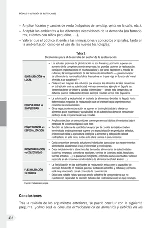 MÓDULO V: NUTRICIÓN EN INSTITUCIONES
432
–	 Ampliar horarios y canales de venta (máquinas de vending, venta en la calle, etc.).
–	 Adaptar los ambientes a las diferentes necesidades de la demanda (no fumado-
res, clientes con niños pequeños, …).
–	 Valorar que el público atiende a las innovaciones y conceptos originales, tanto en
la ambientación como en el uso de las nuevas tecnologías.
Tabla 2
Dicotomías para el desarrollo del sector de la restauración
GLOBALIZACIÓN vs
LOCAL
–	 Los actuales procesos de globalización no son lineales y, por tanto, suponen un
aumento de la competencia entre empresas; las grandes cadenas de restauración
consiguen implantaciones en muchos países y, por tanto, favorecen la mezcla de
culturas y la homogeneización de las formas de alimentación —¿quién es capaz
de diferenciar la nacionalidad de la línea aérea en la que viaja en función del menú
ofrecido a los pasajeros?—.
–	 Cada vez son mayores los esfuerzos por ensalzar los alimentos locales basándose
en la tradición y en su autenticidad —sirvan como claro ejemplo en España las
denominaciones de origen y calidad diferenciada—; desde esta perspectiva, se
defiende que los restaurantes locales siempre resultan ser los más populares.
COMPLEJIDAD vs
SIMPLICIDAD
–	 La sofisticación y exclusividad en la oferta de alimentos y bebidas ha llegado hasta
determinados negocios de restauración que se orientan hacia segmentos muy
concretos de consumidores.
–	 Otros negocios de restauración se apoyan en la simplicidad de la oferta con
alimentos poco elaborados y apoyándose en el autoservicio donde el consumidor
participa en la preparación de sus comidas.
CONVERGENCIA vs
ESPECIALIZACIÓN
–	 Amplios colectivos de consumidores convergen en sus hábitos alimentarios bajo el
paraguas de la comida rápida o fast food.
–	 También se defiende la posibilidad de optar por la comida lenta (slow food en
terminología anglosajona) que supone una especialización en productos selectos,
predilección hacia la agricultura ecológica y alimentos y bebidas de calidad
contrastada; en este caso, la idea está clara: somos lo que comemos.
INDIVIDUALIZACIÓN
vs COLECTIVIDAD
–	 Cada consumidor demanda soluciones individuales que cubran sus requerimientos
alimentarios ajustándose a sus preferencias y restricciones.
–	 Crece notablemente la atención a las demandas alimentarias de colectividades
(catering, empresas, comedores escolares, centros de la tercera edad, hospitales,
fuerzas armadas, ...); la población inmigrante, entendida como colectividad, también
repercute en el consumo extradoméstico de alimentación (halal, kosher, ...).
FLEXIBILIZACIÓN
vs RIGIDEZ
–	 La flexibilización en las actividades de restauración enlaza con la capacidad de
elección del cliente en horarios, precios, surtido de alimentos y bebidas y, por tanto,
está muy relacionado con el concepto de conveniencia.
–	 Existe una notable rigidez para un amplio colectivo de consumidores que no
cuentan con capacidad de elección debido a las restricciones con las que conviven.
Fuente: Elaboración propia.
Conclusiones
Tras la revisión de los argumentos anteriores, se puede concluir con la siguiente
pregunta: ¿cómo será el consumo extradoméstico de alimentos y bebidas en los
 
