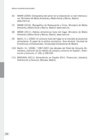 MÓDULO V: NUTRICIÓN EN INSTITUCIONES
434
(6)	 MARM (2009): Comparativa del sector de la restauración a nivel internacio-
nal. Ministerio de Medio Ambiente y Medio Rural y Marino, Madrid.
www.marm.es
(7)	 MARM (2010): Monográfico de Restauración y Crisis, Ministerio de Medio
Ambiente y Medio Rural y Marino, Madrid. www.marm.es
(8)	 MARM (2011): Hábitos alimenticios fuera del hogar, Ministerio de Medio
Ambiente y Medio Rural y Marino, Madrid. www.marm.es
(9)	 Martín, V. J. (2002): El consumo fuera del hogar en el mercado de productos
alimentarios. El papel de la política económica. Tesis doctoral. Facultad de
Económicas y Empresariales. Universidad Complutense de Madrid.
(10)	 Martín, V.J. (2008): “1987-2007: dos décadas del Panel de Consumo Ali-
mentario, evolución de los hábitos de compra y consumo en España”, Distri-
bución y Consumo, nº 100, p 208-240.
(11)	 MERCASA (2011): Alimentación en España 2011. Producción, Industria,
Distribución y Consumo, Mercasa, Madrid.
 