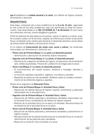 VI.1. Currículo escolar
439
que 4 establecen el cuidado personal y la salud, con hábitos de higiene corporal,
alimentación y descanso.
Educación Primaria
Esta etapa, comprende seis cursos académicos de los 6 a los 12 años, organizada
en tres ciclos de dos años académicos cada uno planificada en áreas de conoci-
miento. Está desarrollada en el RD 1513/2006 de 7 de Diciembre (9) que marca
los contenidos mínimos, siendo obligatoria y gratuita.
Entre los objetivos de esta etapa se encuentran: valorar la higiene y la salud, acep-
tar el propio cuerpo y el de los otros, respetar las diferencias y utilizar la educación
física y el deporte como medios para favorecer el desarrollo personal y social (áreas
de Conocimiento del Medio y de Educación Física).
En la materia de Conocimiento del medio rural, social y cultural, los contenidos
relacionados con Alimentación y Nutrición son:
–	 Primer ciclo de Primaria-Bloque 3: La salud y el desarrollo personal
–	Identificación y descripción de alimentos diarios necesarios.
–	 Segundo ciclo de Primaria-Bloque 3: La salud y el desarrollo personal
–	Identificación y adopción de hábitos de higiene, de descanso y de alimentación
sana. Dietas equilibradas. Prevención y detección de riesgos para la salud.
–	 Tercer ciclo-Bloque 3: La salud y el desarrollo personal
–	El funcionamiento del cuerpo humano. Anatomía y fisiología. Aparatos y
sistemas.
–	La nutrición (aparatos respiratorio, digestivo, circulatorio y excretor).
–	Desarrollo de estilos de vida saludables. Reflexión sobre el cuidado y manteni-
miento de los diferentes órganos y aparatos.
Dentro de la asignatura de Educación Física:
–	 Primer ciclo de Primaria-Bloque 4: Actividad física y Salud
–	Adquisición de hábitos básicos de higiene corporal, alimentarios y posturales
relacionados con la actividad física.
–	 Segundo ciclo de Primaria-Bloque 4: Actividad física y Salud
–	Adquisición de hábitos posturales y alimentarios saludables relacionados con
la actividad física y consolidación de hábitos de higiene corporal.
–	Relación de la actividad física con la salud y el bienestar. Reconocimiento de
los beneficios de la actividad física en la salud.
–	 Tercer ciclo de Primaria-Bloque 4: Actividad física y Salud
–	Adquisición de hábitos posturales y alimentarios saludables y autonomía en la
higiene corporal.
–	Reconocimiento de los efectos beneficiosos de la actividad física en la salud e
identificación de las prácticas poco saludables.
–	Mejora de la condición física orientada a la salud.
 