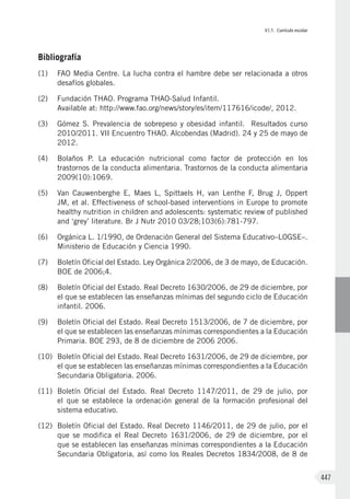 VI.1. Currículo escolar
447
Bibliografía
(1)	 FAO Media Centre. La lucha contra el hambre debe ser relacionada a otros
desafíos globales.
(2)	 Fundación THAO. Programa THAO-Salud Infantil.
Available at: http://www.fao.org/news/story/es/item/117616/icode/, 2012.
(3)	 Gómez S. Prevalencia de sobrepeso y obesidad infantil.  Resultados curso
2010/2011. VII Encuentro THAO. Alcobendas (Madrid). 24 y 25 de mayo de
2012.
(4)	 Bolaños P. La educación nutricional como factor de protección en los
trastornos de la conducta alimentaria. Trastornos de la conducta alimentaria
2009(10):1069.
(5)	 Van Cauwenberghe E, Maes L, Spittaels H, van Lenthe F, Brug J, Oppert
JM, et al. Effectiveness of school-based interventions in Europe to promote
healthy nutrition in children and adolescents: systematic review of published
and ‘grey’ literature. Br J Nutr 2010 03/28;103(6):781-797.
(6)	 Orgánica L. 1/1990, de Ordenación General del Sistema Educativo–LOGSE–.
Ministerio de Educación y Ciencia 1990.
(7)	 Boletín Oficial del Estado. Ley Orgánica 2/2006, de 3 de mayo, de Educación.
BOE de 2006;4.
(8)	 Boletín Oficial del Estado. Real Decreto 1630/2006, de 29 de diciembre, por
el que se establecen las enseñanzas mínimas del segundo ciclo de Educación
infantil. 2006.
(9)	 Boletín Oficial del Estado. Real Decreto 1513/2006, de 7 de diciembre, por
el que se establecen las enseñanzas mínimas correspondientes a la Educación
Primaria. BOE 293, de 8 de diciembre de 2006 2006.
(10)	 Boletín Oficial del Estado. Real Decreto 1631/2006, de 29 de diciembre, por
el que se establecen las enseñanzas mínimas correspondientes a la Educación
Secundaria Obligatoria. 2006.
(11)	 Boletín Oficial del Estado. Real Decreto 1147/2011, de 29 de julio, por
el que se establece la ordenación general de la formación profesional del
sistema educativo.
(12)	 Boletín Oficial del Estado. Real Decreto 1146/2011, de 29 de julio, por el
que se modifica el Real Decreto 1631/2006, de 29 de diciembre, por el
que se establecen las enseñanzas mínimas correspondientes a la Educación
Secundaria Obligatoria, así como los Reales Decretos 1834/2008, de 8 de
 
