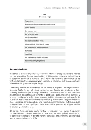 I.3. Situaciones fisiológicas y etapas de la vida – I.3.d. Personas mayores
79
Tabla 2
Grupos de riesgo
Muy ancianos
Enfermos, con pluripatología y polifarmacia crónica
Género femenino
Los que viven solos
Los de ingresos bajos
Con incapacidad física
Con problemas dentales graves
Consumidores de dietas bajas de energía
Los depresivos con problemas mentales
Fumadores
Alcohólicos
Los que tienen bajo nivel de instrucción
Institucionalizados y hospitalizados
Recomendaciones
Insistir en la prevención primaria y desarrollar intervenciones para promover hábitos
de vida saludables. Mejorar la nutrición y la hidratación, reducir la malnutrición y
la obesidad, aumentar la actividad física, reducir la incidencia y el impacto de las
enfermedades crónico-degenerativas y fomentar la educación nutricional, preferen-
temente en los grupos de mayor riesgo.
Controlar y adecuar la alimentación de las personas mayores a los objetivos nutri-
cionales (Tabla 3), pero al mismo tiempo hay que hacerlo con prudencia y flexi-
bilidad y valorar siempre el riesgo vs beneficio. Restricciones calóricas o de cier-
tos alimentos palatables para fomentar la pérdida de peso, impedir su aumento y
prevenir o retrasar la enfermedad crónica, podrían comprometer la ingestión de
nutrientes esenciales en cantidades suficientes y aumentar el riesgo de malnutri-
ción. La ingesta alimentaria tiene una repercusión esencialmente nutricional, pero
posee también un gran significado social y emocional que afectará en gran medida
al disfrute y calidad de vida.
El ejercicio físico realizado regularmente puede retrasar, y aun evitar, la aparición
de enfermedades crónicas, mantener la capacidad funcional, paliar los cambios en
la composición corporal y, de esta manera, contribuir a la autonomía del individuo
y a un envejecimiento con éxito.
 