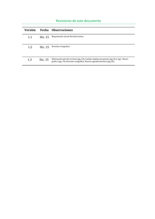 Revisiones de este documento
Versión Fecha Observaciones
1.1 Dic. 15 Maquetación inicial, Revisión textos
1.2 Dic. 15 Revisión ortográfica
1.3 Dic. 15 Eliminación párrafo erróneo (pg. 22), Cambio séptima propuesta (pg 18 y sig.), Nuevo
gráfico (pg. 19), Revisión ortográfica, Nuevos agradecimientos (pg. 85)
 