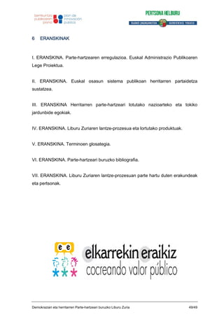 6 ERANSKINAK
I. ERANSKINA. Parte-hartzearen erregulazioa. Euskal Administrazio Publikoaren
Lege Proiektua.
II. ERANSKINA. Euskal osasun sistema publikoan herritarren partaidetza
sustatzea.
III. ERANSKINA Herritarren parte-hartzeari lotutako nazioarteko eta tokiko
jardunbide egokiak.
IV. ERANSKINA. Liburu Zuriaren lantze-prozesua eta lortutako produktuak.
V. ERANSKINA. Terminoen glosategia.
VI. ERANSKINA. Parte-hartzeari buruzko bibliografia.
VII. ERANSKINA. Liburu Zuriaren lantze-prozesuan parte hartu duten erakundeak
eta pertsonak.
Demokraziari eta herritarren Parte-hartzeari buruzko Liburu Zuria 49/49
 
