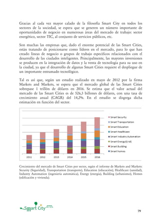 79
Gracias al cada vez mayor calado de la filosofía Smart City en todos los
sectores de la sociedad, se espera que se generen un número importante de
oportunidades de negocio en numerosas áreas del mercado de trabajo: sector
energético, sector TIC, al conjunto de servicios públicos, etc.
Son muchas las empresas que, dado el enorme potencial de las Smart Cities,
están tratando de posicionarse como líderes en el mercado, para lo que han
creado líneas de negocio o grupos de trabajo específicos relacionados con el
desarrollo de las ciudades inteligentes. Principalmente, las mayores inversiones
se producen en la integración de datos y la venta de tecnología para su uso en
la ciudad, ya que el desarrollo de algunas Smart Cities requiere el despliegue de
un importante entramado tecnológico.
Tal es así que, según un estudio realizado en mayo de 2012 por la firma
Markets and Markets, se espera que el mercado global de las Smart Cities
sobrepase 1 trillón de dólares en 2016. Se estima que el valor actual del
mercado de las Smart Cities es de 526,3 billones de dólares, con una tasa de
crecimiento anual (CAGR) del 14,2%. En el estudio se disgrega dicha
estimación en función del sector.
Crecimiento del mercado de Smart Cities por sector, según el informe de Markets and Markets:
Security (Seguridad), Transportation (transporte), Education (educación), Healthcare (sanidad),
Industry Automation (ingeniería automática), Energy (energía), Building (urbanismo), Homes
(edificación y vivienda).
 