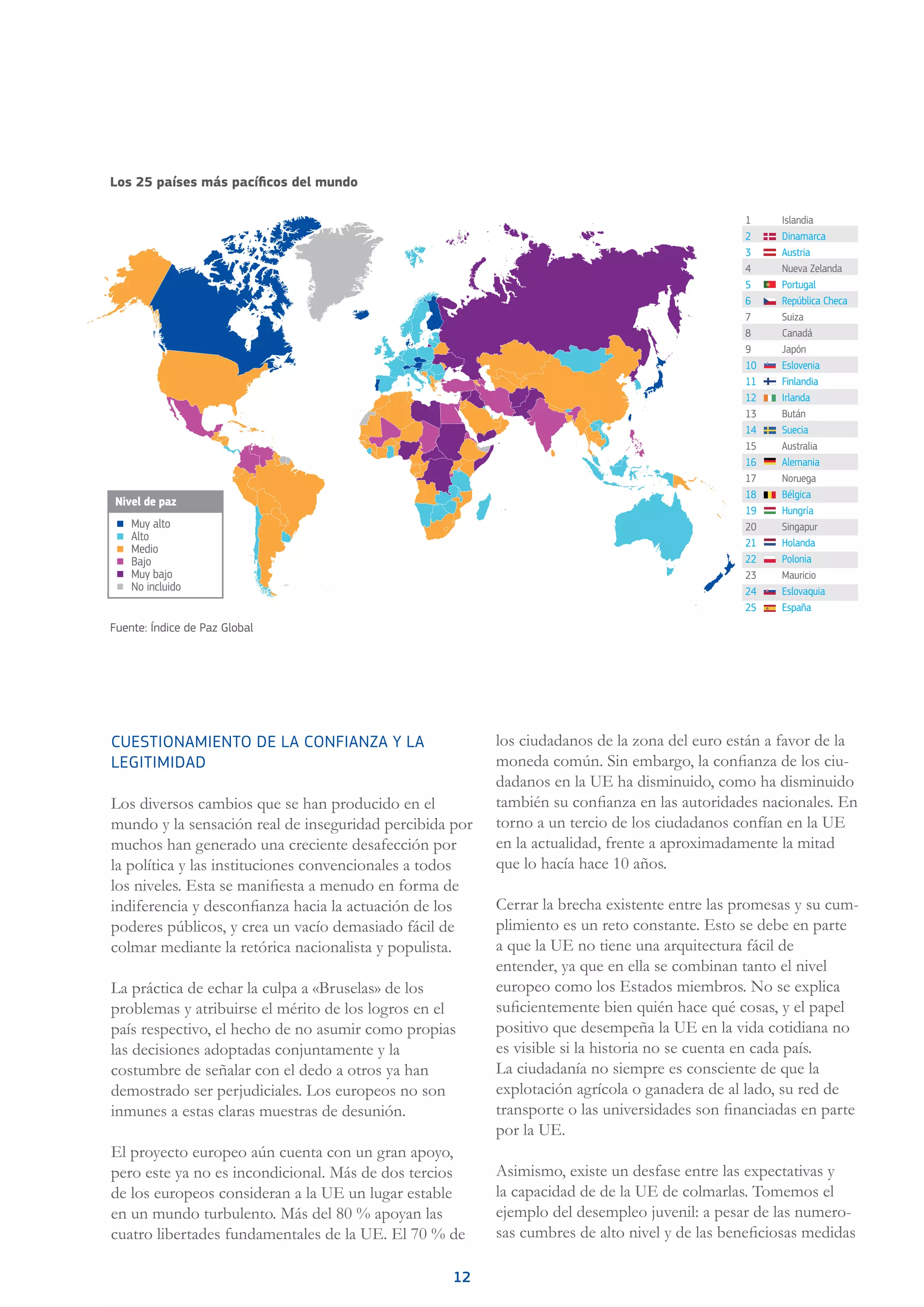 12
CUESTIONAMIENTO DE LA CONFIANZA Y LA
LEGITIMIDAD
Los diversos cambios que se han producido en el
mundo y la sensación real de inseguridad percibida por
muchos han generado una creciente desafección por
la política y las instituciones convencionales a todos
los niveles. Esta se manifiesta a menudo en forma de
indiferencia y desconfianza hacia la actuación de los
poderes públicos, y crea un vacío demasiado fácil de
colmar mediante la retórica nacionalista y populista.
La práctica de echar la culpa a «Bruselas» de los
problemas y atribuirse el mérito de los logros en el
país respectivo, el hecho de no asumir como propias
las decisiones adoptadas conjuntamente y la
costumbre de señalar con el dedo a otros ya han
demostrado ser perjudiciales. Los europeos no son
inmunes a estas claras muestras de desunión.
El proyecto europeo aún cuenta con un gran apoyo,
pero este ya no es incondicional. Más de dos tercios
de los europeos consideran a la UE un lugar estable
en un mundo turbulento. Más del 80 % apoyan las
cuatro libertades fundamentales de la UE. El 70 % de
los ciudadanos de la zona del euro están a favor de la
moneda común. Sin embargo, la confianza de los ciu-
dadanos en la UE ha disminuido, como ha disminuido
también su confianza en las autoridades nacionales. En
torno a un tercio de los ciudadanos confían en la UE
en la actualidad, frente a aproximadamente la mitad
que lo hacía hace 10 años.
Cerrar la brecha existente entre las promesas y su cum-
plimiento es un reto constante. Esto se debe en parte
a que la UE no tiene una arquitectura fácil de
entender, ya que en ella se combinan tanto el nivel
europeo como los Estados miembros. No se explica
suficientemente bien quién hace qué cosas, y el papel
positivo que desempeña la UE en la vida cotidiana no
es visible si la historia no se cuenta en cada país.
La ciudadanía no siempre es consciente de que la
explotación agrícola o ganadera de al lado, su red de
transporte o las universidades son financiadas en parte
por la UE.
Asimismo, existe un desfase entre las expectativas y
la capacidad de de la UE de colmarlas. Tomemos el
ejemplo del desempleo juvenil: a pesar de las numero-
sas cumbres de alto nivel y de las beneficiosas medidas
Muy alto
Alto
Medio
Bajo
Muy bajo
No incluido
Nivel de paz
Islandia
Dinamarca
Austria
Nueva Zelanda
Portugal
República Checa
Suiza
Canadá
Japón
Eslovenia
Finlandia
Irlanda
Bután
Suecia
Australia
Alemania
Noruega
Bélgica
Hungría
Singapur
Holanda
Polonia
Mauricio
Eslovaquia
España
1
2
3
4
5
6
7
8
9
10
11
12
13
14
15
16
17
18
19
20
21
22
23
24
25
Los 25 países más pacíficos del mundo
Fuente: Índice de Paz Global
 