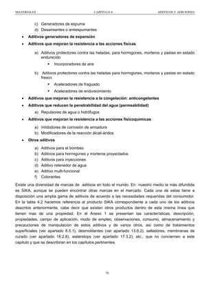 MATERIALES

CAPITULO 4

ADITIVOS Y ADICIONES

c) Generadores de espuma
d) Desaireantes o antiespumantes
•

Aditivos generadores de expansión

•

Aditivos que mejoran la resistencia a las acciones físicas
a) Aditivos protectores contra las heladas, para hormigones, morteros y pastas en estado
endurecido
Incorporadores de aire
b)

Aditivos protectores contra las heladas para hormigones, morteros y pastas en estado
fresco
Aceleradores de fraguado
Aceleradores de endurecimiento

•

Aditivos que mejoran la resistencia a la congelación: anticongelantes

•

Aditivos que reducen la penetrabilidad del agua (permeabilidad)
a) Repulsores de agua o hidrófugos

•

Aditivos que mejoran la resistencia a las acciones fisicoquímicas
a) Inhibidores de corrosión de armadura
b) Modificadores de la reacción álcali-áridos

•

Otros aditivos
a)
b)
c)
d)
e)
f)

Aditivos para el bombeo
Aditivos para hormigones y morteros proyectados
Aditivos para inyecciones
Aditivo retenedor de agua
Aditivo multi-funcional
Colorantes

Existe una diversidad de marcas de aditivos en todo el mundo. En nuestro medio la más difundida
es SIKA, aunque se pueden encontrar otras marcas en el mercado. Cada una de estas tiene a
disposición una amplia gama de aditivos de acuerdo a las necesidades requeridas del consumidor.
En la tabla 4.2 hacemos referencia al producto SIKA correspondiente a cada uno de los aditivos
descritos anteriormente, cabe decir que existen otros productos dentro de esta misma línea que
tienen mas de una propiedad. En el Anexo 1 se presentan las características, descripción,
propiedades, campo de aplicación, modo de empleo, observaciones, consumo, almacenamiento y
precauciones de manipulación de estos aditivos y de varios otros, así como de tratamientos
superficiales (ver apartado 8.5.1), desmoldantes (ver apartado 13.6.2), selladores, membranas de
curado (ver apartado 18.2.8), waterstops (ver apartado 17.3.2), etc., que no conciernen a este
capitulo y que se describiran en los capítulos pertinentes.

70

 