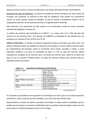MATERIALES

CAPITULO 4

ADITIVOS Y ADICIONES

algunas cenizas muy finas, la tierra de diatomeas y las arcillas calcinadas del tipo montmorillonita.
Desarrollo del calor de hidratación.- Al reducir la cantidad de cemento Pórtland, por metro cúbico de
hormigón, por puzolanas, se reducirá el calor total de hidratación. Esto resulta muy conveniente
cuando se vacían grandes masas de hormigón, ya que se reduce la temperatura máxima, con la
subsiguiente reducción en los esfuerzos térmicos y el agrietamiento al enfriarse.
Esta reducción en la generación de calor puede no ser conveniente cuando se vacían secciones
relativamente delgadas en tiempo frío.
La adición de puzolana esta restringida en la NB-011 a un rango entre el 6 y 30% del peso del
cemento, en los cementos Tipo I. Por ejemplo en COBOCE se reemplaza 8% del cemento por una
puzolana en el cemento IP 40 y el 25% en el IP 30.
Aditivos Colorantes.- A menudo se adicionan pigmentos inertes al hormigón para darle color. Los
aditivos colorantes deben ser estables en presencia de los álcalis y no tener efectos adversos sobre
las características del hormigón. Estos se encuentran como colores naturales o inertes, o como
materiales sintéticos, y se usan en cantidades de entre 2 y 10% en peso del cemento. Deben
mezclarse por completo con el cemento seco o la mezcla de cemento seco, antes de la adición del
agua. El uso de cemento Pórtland blanco, en lugar del cemento Pórtland gris, siempre dará por
resultado colores más limpios.

TABLA 4.3
ADITIVOS COLORANTES ACEPTABLES
Grises a negro
Óxido negro de hierro
Negro mineral
Negro de humo
Azul
Azul ultramarino
Azul de ftalocianina
Rojo brillante a rojo oscuro
Óxido rojo de hierro
Café
Óxido café de hierro
Tierra de sombra en bruto o calcinada
Marfil, crema o color piel
Óxido amarillo de hierro
Verde
Oxido de cromo
Verde de ftalocianina
Fuente: Referencia 6

Un Colorante muy empleado como pigmento en el hormigón es el Ocre, que es una mezcla natural de
oxido férrico, sílice y oxido de aluminio hidratado, cuyo color varia del amarillo al rojo.
Aparentemente, la adición de aditivos colorantes al hormigón no influye sobre la durabilidad, pero es
posible que se requiera un aumento considerable sobre la cantidad normal de agente inclusor de aire
para producir el contenido deseado de aire en el hormigón.

80

 