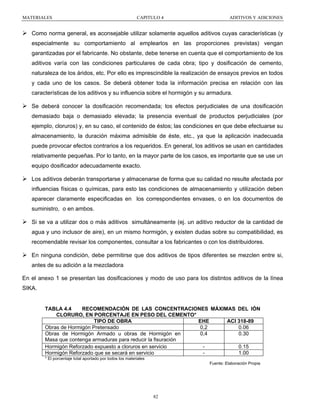 MATERIALES

CAPITULO 4

ADITIVOS Y ADICIONES

Como norma general, es aconsejable utilizar solamente aquellos aditivos cuyas características (y
especialmente su comportamiento al emplearlos en las proporciones previstas) vengan
garantizadas por el fabricante. No obstante, debe tenerse en cuenta que el comportamiento de los
aditivos varía con las condiciones particulares de cada obra; tipo y dosificación de cemento,
naturaleza de los áridos, etc. Por ello es imprescindible la realización de ensayos previos en todos
y cada uno de los casos. Se deberá obtener toda la información precisa en relación con las
características de los aditivos y su influencia sobre el hormigón y su armadura.
Se deberá conocer la dosificación recomendada; los efectos perjudiciales de una dosificación
demasiado baja o demasiado elevada; la presencia eventual de productos perjudiciales (por
ejemplo, cloruros) y, en su caso, el contenido de éstos; las condiciones en que debe efectuarse su
almacenamiento, la duración máxima admisible de éste, etc., ya que la aplicación inadecuada
puede provocar efectos contrarios a los requeridos. En general, los aditivos se usan en cantidades
relativamente pequeñas. Por lo tanto, en la mayor parte de los casos, es importante que se use un
equipo dosificador adecuadamente exacto.
Los aditivos deberán transportarse y almacenarse de forma que su calidad no resulte afectada por
influencias físicas o químicas, para esto las condiciones de almacenamiento y utilización deben
aparecer claramente especificadas en los correspondientes envases, o en los documentos de
suministro, o en ambos.
Si se va a utilizar dos o más aditivos simultáneamente (ej. un aditivo reductor de la cantidad de
agua y uno inclusor de aire), en un mismo hormigón, y existen dudas sobre su compatibilidad, es
recomendable revisar los componentes, consultar a los fabricantes o con los distribuidores.
En ninguna condición, debe permitirse que dos aditivos de tipos diferentes se mezclen entre si,
antes de su adición a la mezcladora
En el anexo 1 se presentan las dosificaciones y modo de uso para los distintos aditivos de la línea
SIKA.

TABLA 4.4
RECOMENDACIÓN DE LAS CONCENTRACIONES MÁXIMAS DEL IÓN
CLORURO, EN PORCENTAJE EN PESO DEL CEMENTO*
TIPO DE OBRA
EHE
ACI 318-89
Obras de Hormigón Pretensado
0,2
0.06
Obras de Hormigón Armado u obras de Hormigón en
0,4
0.30
Masa que contenga armaduras para reducir la fisuración
Hormigón Reforzado expuesto a cloruros en servicio
0.15
Hormigón Reforzado que se secará en servicio
1.00
* El porcentaje total aportado por todos los materiales
Fuente: Elaboración Propia

82

 