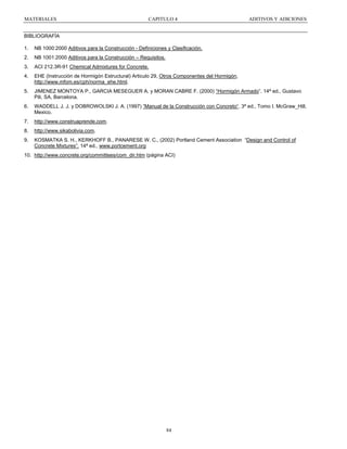 MATERIALES

CAPITULO 4

ADITIVOS Y ADICIONES

BIBLIOGRAFÍA
1.

NB 1000:2000 Aditivos para la Construcción - Definiciones y Clasificación.

2.

NB 1001:2000 Aditivos para la Construcción – Requisitos.

3.

ACI 212.3R-91 Chemical Admixtures for Concrete.

4.

EHE (Instrucción de Hormigón Estructural) Articulo 29, Otros Componentes del Hormigón,
http://www.mfom.es/cph/norma_ehe.html.

5.

JIMENEZ MONTOYA P., GARCIA MESEGUER A. y MORAN CABRE F. (2000) “Hormigón Armado”. 14ª ed., Gustavo
Pili, SA, Barcelona.

6.

WADDELL J. J. y DOBROWOLSKI J. A. (1997) “Manual de la Construcción con Concreto“. 3ª ed., Tomo I. McGraw_Hill,
Mexico.

7.

http://www.construaprende.com.

8.

http://www.sikabolivia.com.

9.

KOSMATKA S. H., KERKHOFF B., PANARESE W. C., (2002) Portland Cement Association “Design and Control of
Concrete Mixtures”. 14ª ed., www.portcement.org

10. http://www.concrete.org/committees/com_dir.htm (página ACI)

84

 
