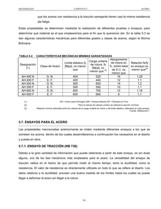 MATERIALES

CAPITULO 5

ACERO

que los aceros con resistencia a la tracción semejante tienen casi la misma resistencia
ala fatiga.
Estas propiedades se determinan mediante la realización de diferentes pruebas o ensayos, para
determinar qué material es el que emplearemos para el fin que le queramos dar. En la tabla 5.3 se
dan algunas características mecánicas para diferentes grados y clases de aceros, según la Norma
Boliviana.

TABLA 5.4

CARACTERÍSTICAS MECÁNICAS MÍNIMAS GARANTIZADAS

Designación
(1)

Clase de Acero

Limite elástico fy
[Mpa], no menor
que

AH 400 N
AH 400 F
AH 500 N
AH 500 F
AH 600 N
AH 600 F

D. N.
E. F.
D. N.
E. F.
D. N.
E. F.

400
400
500
500
600
600

(1).

Relación fs/fy
en ensayo no
menor que(3)
1,29
1,1
1,2
1,1
1,16
1,1

AH = Acero para Hormigón (DN = Dureza Natural; EF = Estirado en Frío)

(2).
(3).

Alargamiento
Carga unitaria
de rotura en
de rotura, fs
%, sobre base
[Mpa], no
de 5·∅, no
menor que (2)
menor que
520
16
440
12
600
14
550
10
700
12
660
8

Para el calculo de valores unitario se utilizará la sección nominal.
Relación mínima admisible entre los valores de la carga unitaria de rotura y del limite elástico, obtenidos en cada ensayo
Fuente: Referencia 1

5.7. ENSAYOS PARA EL ACERO
Las propiedades mencionadas anteriormente se miden mediante diferentes ensayos a los que se
someten los aceros, dentro de los cuales desarrollaremos a continuación los necesarios en el diseño
y puesta en obra.

5.7.1. ENSAYO DE TRACCIÓN (NB 736)
Debido a la gran cantidad de información que puede obtenerse a partir de este ensayo, es sin duda
alguna, uno de los test mecánicos más empleados para el acero. La versatilidad del ensayo de
tracción radica en el hecho de que permite medir al mismo tiempo, tanto la ductilidad, como la
resistencia. El valor de resistencia es directamente utilizado en todo lo que se refiere al diseño. Los
datos relativos a la ductilidad, proveen una buena medida de los límites hasta los cuales se puede
llegar a deformar el acero sin llegar a la rotura.

101

 