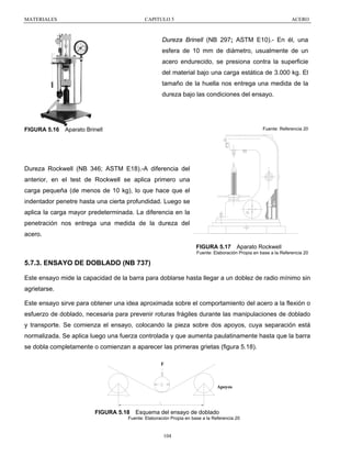 MATERIALES

CAPITULO 5

ACERO

Dureza Brinell (NB 297; ASTM E10).- En él, una
esfera de 10 mm de diámetro, usualmente de un
acero endurecido, se presiona contra la superficie
del material bajo una carga estática de 3.000 kg. El
tamaño de la huella nos entrega una medida de la
dureza bajo las condiciones del ensayo.

FIGURA 5.16

Fuente: Referencia 20

Aparato Brinell

Dureza Rockwell (NB 346; ASTM E18).-A diferencia del
anterior, en el test de Rockwell se aplica primero una
carga pequeña (de menos de 10 kg), lo que hace que el
indentador penetre hasta una cierta profundidad. Luego se
aplica la carga mayor predeterminada. La diferencia en la
penetración nos entrega una medida de la dureza del
acero.
FIGURA 5.17

Aparato Rockwell

Fuente: Elaboración Propia en base a la Referencia 20

5.7.3. ENSAYO DE DOBLADO (NB 737)
Este ensayo mide la capacidad de la barra para doblarse hasta llegar a un doblez de radio mínimo sin
agrietarse.
Este ensayo sirve para obtener una idea aproximada sobre el comportamiento del acero a la flexión o
esfuerzo de doblado, necesaria para prevenir roturas frágiles durante las manipulaciones de doblado
y transporte. Se comienza el ensayo, colocando la pieza sobre dos apoyos, cuya separación está
normalizada. Se aplica luego una fuerza controlada y que aumenta paulatinamente hasta que la barra
se dobla completamente o comienzan a aparecer las primeras grietas (figura 5.18).
F

Apoyos

FIGURA 5.18

Esquema del ensayo de doblado

Fuente: Elaboración Propia en base a la Referencia 20

104

 