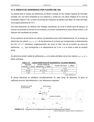 MATERIALES

CAPITULO 5

ACERO

5.7.4. ENSAYO DE ADHERENCIA POR FLEXIÓN (NB 740)
La probeta para el ensayo de adherencia por flexión consiste en dos medias viguetas de hormigón
armadas con una barra embebida en sus extremos y unidas por una rótula metálica en la zona de
compresión (figura 5.19). La barra va provista de manguitos de plástico que dejan, en cada semiviga,
una longitud adherente de 10·∅.
Con esta disposición se obtienen tres ventajas importantes: se anula el efecto local de apoyos; se
conoce con precisión la tensión en la armadura, al conocer exactamente el brazo del par interno; y se
obtienen dos resultados por ensayo.
En los extremos de las barras se colocan comparadores para medir deslizamientos. En el ensayo se
determinan los valores τ0,01; τ0,1 y τ1 de las tensiones en la barra que corresponden a deslizamientos
de 0,01; 0,1 y 1 milímetros, respectivamente; así como el valor max de la tensión de rotura de
adherencia, τbu , que corresponde a un deslizamiento de 3 mm, o a la rotura si esta se produce
antes.
Se denomina tensión media de adherencia τbm a la media aritmética de los tres valores τ0,01; τ0,1 y τ1.
Debe verificarse:
TABLA 5.5 CARACTERÍSTICAS DE ADHERENCIA, VALORES MÍNIMOS
Diámetro
Tensión media de
Tensión de rotura, τbu (Mpa)
nominal, ∅, (mm) adherencia, τbm (Mpa)
<8
≥7
≥ 11,5
8 a 32
8 - 0,12 ∅
13 - 0,2·∅
> 32
≥4
≥7
Fuente: Referencia 1

Si dichas relaciones se satisfacen simultáneamente, en cada rango de diámetros, la barra es
calificada como de “alta adherencia” o de “adherencia mejorada”
Dispositivo de medida
de deslizamientos

Rotula Metalica
P/2

P/2

F
Manguitos de plástico

φ

F

10 φ

10 φ
L

FIGURA 5.19

Esquema de la probeta para el ensayo de Adherencia por Flexión
Fuente: Elaboración Propia en base a la Referencia 17

105

 