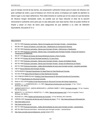 MATERIALES

CAPITULO 5

ACERO

que el manejo normal de las barras, era preparación suficiente incluso para el acero de refuerzo con
gran cantidad de oxido y que la limpieza con chorro de arena, la limpieza con cepillo de alambre no
dieron lugar a una mejor adherencia. Pero debe tenerse en cuenta que en los casos en que las barras
de refuerzo tengan demasiado oxido, es posible que se haya reducido el área de la sección
transversal lo suficiente como para que no sea adecuado usar esas barras. Esto se puede verificar al
limpiar y pesar un trozo de barra para asegurarse de que satisfará a su valor de Diámetro
Equivalente, (Ecuación E 5.1).

BIBLIOGRAFÍA
1.

NB 732:1996 Productos Laminados - Barras Corrugadas para Hormigón Armado – Características.

2.

NB 266:1978 Aceros al Carbono y de Corte Libre - Clasificación por Composición Química.

3.

NB 728:1996 Productos Laminados - Barras para Hormigón Armado - Definiciones y Clasificación.

4.

NB 736:1996 Productos Laminados - Barras Lisas y Corrugadas para Hormigón Armado - Ensayo de Tracción a
Temperatura de Referencia.

5.

NB 297:1979 Método de Ensayo de Dureza Brinell para Aceros y Fierro Fundido.

6.

NB 346:1979 Ensayo de Dureza Rockwell (escalas B y C) para Acero.

7.

NB 737:1996 Productos Laminados - Barras para Hormigón Armado - Ensayo de Doblado Simple.

8.

NB 740:1996 Productos Laminados - Barras para Hormigón Armado - Ensayo de Adherencia por Flexión.

9.

NB 733:1996 Productos laminados - mallas electrosoldadas de acero para hormigón armado - requisitos generales.

10.

CBH 87 Norma Boliviana del Hormigón Armado.

11.

ASTM A820M-04 Standard Specification for Steel Fibers for Fiber-Reinforced Concrete.

12.

ACI 544.1R-96 State-of-the-Art Report on Fiber Reinforced Concrete.

13.

ACI 318M-02/318RM-02(metric) Building Code Requirements for Structural Concrete and Commentary.

14.

ACI 301 M Specifications for Structural Concrete.

15.

Notes on ACI 318-95 Building Code Requirements for Structural Concrete with Design Applications..

16.

WADDELL J. J. y DOBROWOLSKI J. A. (1997) “Manual de la Construcción con Concreto“. 3ª ed., Tomo I.
McGraw_Hill, Mexico.

17.

JIMENEZ MONTOYA P., GARCIA MESEGUER A. y MORAN CABRE F. (2000) “Hormigón Armado”. 14ª ed., Gustavo
Pili, SA, Barcelona.

18.

MERRITT F. S, LOFTIN M. K, RICKETTS J. T. (1999), “Manual del Ingeniero Civil”, 3ª ed. en español, Tomo I.
McGraw_Hill, Mexico.

19.

NILSON A.H. (1999) “Diseño de Estructuras de Concreto”, 12ª ed, McGraw_Hill, Colombia.

20.

GERDAU AZA “Compendio de Normas para Productos de Acero”, 3ª ed., http://www.gerdauaza.cl/frameset.htm.

21.

http://www.belgo.com.br.

22.

http://www.acindar.com.ar.

23.

NB 734:1996 Productos laminados - mallas electrosoldadas de acero para hormigón armado - características

24.

NB 730:1996 Productos laminados - barras lisas para hormigón armado – características

25.

http://www.concrete.org/committees/com_dir.htm (página ACI)

109

 