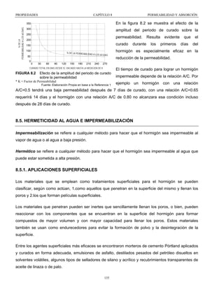 PROPIEDADES

CAPÍTULO 8

PERMEABILIDAD Y ABSORCIÓN

% DE LA
PERMEABILIDAD A LOS 60 DIAS

350

En la figura 8.2 se muestra el efecto de la

300

amplitud del periodo de curado sobre la

250

permeabilidad.

200

curado

150
100

% DE LA PERMEABILIDAD

50

A LOS 60 DIAS

durante

Resulta
los

evidente
primeros

que
días

el
del

hormigón es especialmente eficaz en la
reducción de la permeabilidad.

0
0

30

60

90

120

150

180

210

240

270

CURADO TOTAL EN DIAS DESDE EL VACIADO HASTA LA MEDICION DE K

FIGURA 8.2

El tiempo de curado para lograr un hormigón

Efecto de la amplitud del periodo de curado
sobre la permeabilidad

* K = Factor de Permeabilidad
Fuente: Elaboración Propia en base a la Referencia 1

impermeable depende de la relación A/C. Por
ejemplo un hormigón con una relación

A/C=0.5 tendrá una baja permeabilidad después de 7 días de curado, con una relación A/C=0.65
requerirá 14 días y el hormigón con una relación A/C de 0.80 no alcanzara esa condición incluso
después de 28 días de curado.

8.5. HERMETICIDAD AL AGUA E IMPERMEABILIZACIÓN
Impermeabilización se refiere a cualquier método para hacer que el hormigón sea impermeable al
vapor de agua o al agua a baja presión.
Hermético se refiere a cualquier método para hacer que el hormigón sea impermeable al agua que
puede estar sometida a alta presión.

8.5.1. APLICACIONES SUPERFICIALES
Los materiales que se emplean como tratamientos superficiales para el hormigón se pueden
clasificar, según como actúan, 1.como aquellos que penetran en la superficie del mismo y llenan los
poros y 2.los que forman películas superficiales.
Los materiales que penetran pueden ser inertes que sencillamente llenan los poros, o bien, pueden
reaccionar con los componentes que se encuentran en la superficie del hormigón para formar
compuestos de mayor volumen y con mayor capacidad para llenar los poros. Estos materiales
también se usan como endurecedores para evitar la formación de polvo y la desintegración de la
superficie.
Entre los agentes superficiales más eficaces se encontraron morteros de cemento Pórtland aplicados
y curados en forma adecuada, emulsiones de asfalto, destilados pesados del petróleo disueltos en
solventes volátiles, algunos tipos de selladores de silano y acrílico y recubrimientos transparentes de
aceite de linaza o de palo.
135

 