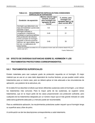 PROPIEDADES

CAPÍTULO 9

DURABILIDAD

TABLA 9.5.

REQUERIMIENTOS ESPECIALES PARA CONDICIONES
ESPECIALES DE EXPOSICIÓN
Máxima relación agua
f'c mínimo, para
cemento, en peso,
hormigón con
Condición de exposición
para hormigón con
agregado ligero y de
agregado de peso
peso normal, MPa *
normal
Hormigón que debe tener una
baja permeabilidad cuando este
0.5
28
expuesto a agua
Hormigón expuesto a
0.45
31
congelación y deshielo en
humedad o a químicos dañinos
Para protección del refuerzo
contra corrosión en hormigón
expuesto a cloruros químicos
0.40
35
dañinos, sal, agua salada, agua
de mar, o a salpicadura de
estas fuentes.
*cuando se consideren las tablas 9.4 y 9.5, se aplicara el menor valor de la máxima relación A/C,y el
máximo valor de f’c
Fuente: Referencia 2

9.6 EFECTO DE DIVERSAS SUSTANCIAS SOBRE EL HORMIGÓN Y LOS
TRATAMIENTOS PROTECTORES CORRESPONDIENTES.

9.6.1 TRATAMIENTOS SUPERFICIALES
Existen materiales para casi cualquier grado de protección requerida en el hormigón. El mejor
material que se use en un caso dado dependerá de muchos factores, ya que pueden existir varios
tratamientos para un mismo caso, pero se deberá aplicar el más adecuado a las circunstancias de
aplicación, uso posterior de la estructura, etc.
En la tabla 9.6 se describen el efecto que tienen diferentes sustancias sobre el hormigón, y se indican
los tratamientos más comunes. Para la mayor parte de las sustancias, se sugieren varios
tratamientos, que en la mayor parte de los casos proporcionarán una protección suficiente, pero
cualquiera de los tratamientos designado por un número mayor que el más grande indicado en cada
celda seria igualmente adecuado y a menudo puede ser recomendable.
Para su satisfactoria aplicación, los recubrimientos protectores suelen requerir que el hormigón tenga
su superficie seca y libre de polvo.
A continuación se dan las descripciones correspondientes a cada tratamiento.
149

 