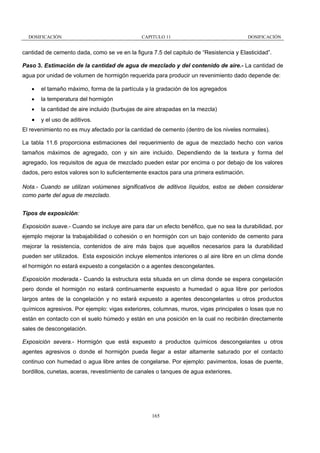 DOSIFICACIÓN

CAPITULO 11

DOSIFICACIÓN

cantidad de cemento dada, como se ve en la figura 7.5 del capitulo de “Resistencia y Elasticidad”.
Paso 3. Estimación de la cantidad de agua de mezclado y del contenido de aire.- La cantidad de
agua por unidad de volumen de hormigón requerida para producir un revenimiento dado depende de:
•

el tamaño máximo, forma de la partícula y la gradación de los agregados

•

la temperatura del hormigón

•

la cantidad de aire incluido (burbujas de aire atrapadas en la mezcla)

•

y el uso de aditivos.

El revenimiento no es muy afectado por la cantidad de cemento (dentro de los niveles normales).
La tabla 11.6 proporciona estimaciones del requerimiento de agua de mezclado hecho con varios
tamaños máximos de agregado, con y sin aire incluido. Dependiendo de la textura y forma del
agregado, los requisitos de agua de mezclado pueden estar por encima o por debajo de los valores
dados, pero estos valores son lo suficientemente exactos para una primera estimación.
Nota.- Cuando se utilizan volúmenes significativos de aditivos líquidos, estos se deben considerar
como parte del agua de mezclado.
Tipos de exposición:
Exposición suave.- Cuando se incluye aire para dar un efecto benéfico, que no sea la durabilidad, por
ejemplo mejorar la trabajabilidad o cohesión o en hormigón con un bajo contenido de cemento para
mejorar la resistencia, contenidos de aire más bajos que aquellos necesarios para la durabilidad
pueden ser utilizados. Esta exposición incluye elementos interiores o al aire libre en un clima donde
el hormigón no estará expuesto a congelación o a agentes descongelantes.
Exposición moderada.- Cuando la estructura esta situada en un clima donde se espera congelación
pero donde el hormigón no estará continuamente expuesto a humedad o agua libre por períodos
largos antes de la congelación y no estará expuesto a agentes descongelantes u otros productos
químicos agresivos. Por ejemplo: vigas exteriores, columnas, muros, vigas principales o losas que no
están en contacto con el suelo húmedo y están en una posición en la cual no recibirán directamente
sales de descongelación.
Exposición severa.- Hormigón que está expuesto a productos químicos descongelantes u otros
agentes agresivos o donde el hormigón pueda llegar a estar altamente saturado por el contacto
continuo con humedad o agua libre antes de congelarse. Por ejemplo: pavimentos, losas de puente,
bordillos, cunetas, aceras, revestimiento de canales o tanques de agua exteriores.

165

 