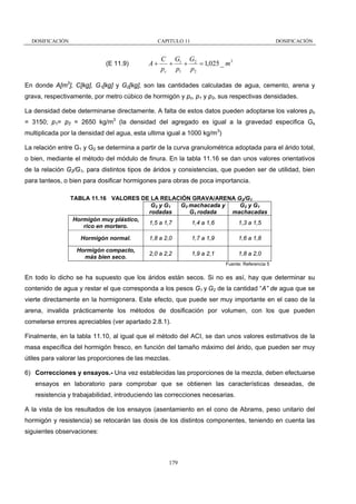 DOSIFICACIÓN

CAPITULO 11

(E 11.9)

A+

DOSIFICACIÓN

C G1 G2
+
+
= 1,025 _ m 3
pc p1 p2

En donde A[m3], C[kg], G1[kg] y G2[kg], son las cantidades calculadas de agua, cemento, arena y
grava, respectivamente, por metro cúbico de hormigón y pc, p1 y p2, sus respectivas densidades.
La densidad debe determinarse directamente. A falta de estos datos pueden adoptarse los valores pc
= 3150; p1= p2 = 2650 kg/m3 (la densidad del agregado es igual a la gravedad especifica Gs
multiplicada por la densidad del agua, esta ultima igual a 1000 kg/m3)
La relación entre G1 y G2 se determina a partir de la curva granulométrica adoptada para el árido total,
o bien, mediante el método del módulo de finura. En la tabla 11.16 se dan unos valores orientativos
de la relación G2/G1, para distintos tipos de áridos y consistencias, que pueden ser de utilidad, bien
para tanteos, o bien para dosificar hormigones para obras de poca importancia.
TABLA 11.16 VALORES DE LA RELACIÓN GRAVA/ARENA G2/G1
G2 machacada y
G2 y G1
G2 y G1
rodadas
G1 rodada
machacadas
Hormigón muy plástico,
1,5 a 1,7
1,4 a 1,6
1,3 a 1,5
rico en mortero.
Hormigón normal.

1,8 a 2,0

1,7 a 1,9

1,6 a 1,8

Hormigón compacto,
más bien seco.

2,0 a 2,2

1,9 a 2,1

1,8 a 2,0
Fuente: Referencia 5

En todo lo dicho se ha supuesto que los áridos están secos. Si no es así, hay que determinar su
contenido de agua y restar el que corresponda a los pesos G1 y G2 de la cantidad “A” de agua que se
vierte directamente en la hormigonera. Este efecto, que puede ser muy importante en el caso de la
arena, invalida prácticamente los métodos de dosificación por volumen, con los que pueden
cometerse errores apreciables (ver apartado 2.8.1).
Finalmente, en la tabla 11.10, al igual que el método del ACI, se dan unos valores estimativos de la
masa específica del hormigón fresco, en función del tamaño máximo del árido, que pueden ser muy
útiles para valorar las proporciones de las mezclas.
6) Correcciones y ensayos.- Una vez establecidas las proporciones de la mezcla, deben efectuarse
ensayos en laboratorio para comprobar que se obtienen las características deseadas, de
resistencia y trabajabilidad, introduciendo las correcciones necesarias.
A la vista de los resultados de los ensayos (asentamiento en el cono de Abrams, peso unitario del
hormigón y resistencia) se retocarán las dosis de los distintos componentes, teniendo en cuenta las
siguientes observaciones:

179

 