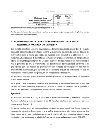 DOSIFICACIÓN

CAPITULO 11

Modulo de finura
Peso Unitario Varillado (kg/m3)
Gravedad Específica
% Absorción

ARENA
3.16
2.60
0.9

DOSIFICACIÓN

GRAVA
7.35
1522
2.60
0.7

El cemento utilizado tiene una gravedad específica de 3.1
Por las características del elemento se requiere que la pasta tenga una consistencia plástica-blanda,
para compactar mediante vibrado.

11.3.4. DETERMINACIÓN DE LAS PROPORCIONES MEDIANTE CURVAS DE
RESISTENCIA PARA MEZCLAS DE PRUEBA
Este método consiste en encontrar las proporciones de la mezcla deseada, a partir de 3 ó 4 mezclas
de prueba, con contenidos diferentes de cemento y revenimiento constante. La cantidad de agua por
metro cúbico será la misma para todas las muestras, esto conducirá a la obtención de 3 ó 4
relaciones A/C, espaciadas de tal modo que se lograra un rango de resistencias a la compresión que
abarca las requeridas para el proyecto. Los datos obtenidos de cada mezcla deben incluir: la relación
A/C, el porcentaje de aire, el revenimiento y las características de trabajabilidad. El cálculo de las
proporciones para las mezclas de prueba puede ser realizado por cualquiera de los métodos
anteriormente desarrollados, por supuesto no es necesario calcular las correcciones ya que los
resultados se van a situar en una grafica, en sus puntos reales sobre la curva.
Se debe tener en cuenta que los materiales utilizados para todas las muestras deben ser los mismos
que se tendrán en obra.
En la figura 11.3 se muestra una curva típica de resistencia a la compresión desarrollada a partir de 4
mezclas de prueba. Con base en esta curva, se toma la resistencia requerida para el proyecto, la
relación A/C y el diseño correspondiente para un conjunto dado de materiales.

Ejemplo 5.Se diseñan 4 mezclas, 1, 2 ,3 y 4, todas con el mismo revenimiento, y materiales. Luego se
fabrican probetas que son ensayadas a los 28 días, los resultados son graficados como se
muestra en la figura 11.3.
Lo que se requiere ahora es encontrar las proporciones para una mezcla que de una resistencia
requerida de 240 kg/cm2. Entonces se va a la grafica, se encuentra el valor de 240 kg/cm2, se lleva
hasta chocar con la curva y se baja para encontrar la relación A/C. Si es que por consideraciones de
durabilidad no se requiere que la relación A/C sea menor, se toma el valor encontrado, A/C=0.55.

186

 