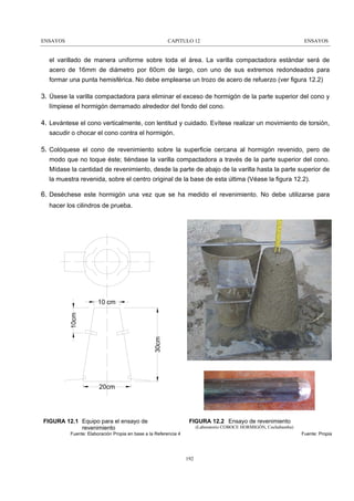 ENSAYOS

CAPITULO 12

ENSAYOS

el varillado de manera uniforme sobre toda el área. La varilla compactadora estándar será de
acero de 16mm de diámetro por 60cm de largo, con uno de sus extremos redondeados para
formar una punta hemisférica. No debe emplearse un trozo de acero de refuerzo (ver figura 12.2)

3. Úsese la varilla compactadora para eliminar el exceso de hormigón de la parte superior del cono y
límpiese el hormigón derramado alrededor del fondo del cono.

4. Levántese el cono verticalmente, con lentitud y cuidado. Evítese realizar un movimiento de torsión,
sacudir o chocar el cono contra el hormigón.

5. Colóquese el cono de revenimiento sobre la superficie cercana al hormigón revenido, pero de
modo que no toque éste; tiéndase la varilla compactadora a través de la parte superior del cono.
Mídase la cantidad de revenimiento, desde la parte de abajo de la varilla hasta la parte superior de
la muestra revenida, sobre el centro original de la base de esta última (Véase la figura 12.2).

6. Deséchese este hormigón una vez que se ha medido el revenimiento. No debe utilizarse para
hacer los cilindros de prueba.

30cm

10cm

10 cm

20cm

FIGURA 12.1 Equipo para el ensayo de
revenimiento

FIGURA 12.2 Ensayo de revenimiento
(Laboratorio COBOCE HORMIGÓN, Cochabamba)

Fuente: Elaboración Propia en base a la Referencia 4

Fuente: Propia

192

 