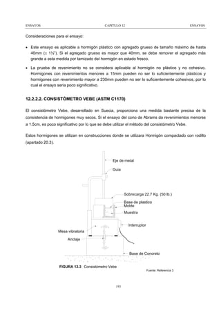 ENSAYOS

CAPITULO 12

ENSAYOS

Consideraciones para el ensayo:
• Este ensayo es aplicable a hormigón plástico con agregado grueso de tamaño máximo de hasta
40mm (≅ 1½”). Si el agregado grueso es mayor que 40mm, se debe remover el agregado más
grande a esta medida por tamizado del hormigón en estado fresco.
• La prueba de revenimiento no se considera aplicable al hormigón no plástico y no cohesivo.
Hormigones con revenimientos menores a 15mm pueden no ser lo suficientemente plásticos y
hormigones con revenimiento mayor a 230mm pueden no ser lo suficientemente cohesivos, por lo
cual el ensayo seria poco significativo.

12.2.2.2. CONSISTÓMETRO VEBE (ASTM C1170)
El consistómetro Vebe, desarrollado en Suecia, proporciona una medida bastante precisa de la
consistencia de hormigones muy secos. Si el ensayo del cono de Abrams da revenimientos menores
a 1.5cm, es poco significativo por lo que se debe utilizar el método del consistómetro Vebe.
Estos hormigones se utilizan en construcciones donde se utilizara Hormigón compactado con rodillo
(apartado 20.3).

Eje de metal
Guia

Sobrecarga 22.7 Kg. (50 lb.)
Base de plastico
Molde
Muestra
Interruptor
Mesa vibratoria
Anclaje

Base de Concreto
FIGURA 12.3 Consistómetro Vebe
Fuente: Referencia 3

193

 