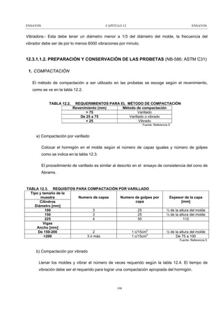 ENSAYOS

CAPITULO 12

ENSAYOS

Vibradora.- Esta debe tener un diámetro menor a 1/3 del diámetro del molde, la frecuencia del
vibrador debe ser de por lo menos 6000 vibraciones por minuto.

12.3.1.1.2. PREPARACIÓN Y CONSERVACIÓN DE LAS PROBETAS (NB-586; ASTM C31)
1. COMPACTACIÓN
El método de compactación a ser utilizado en las probetas se escoge según el revenimiento,
como se ve en la tabla 12.2.

TABLA 12.2.

REQUERIMIENTOS PARA EL MÉTODO DE COMPACTACIÓN
Revenimiento (mm)
Método de compactación
Varillado
> 75
Varillado o vibrado
De 25 a 75
Vibrado
< 25
Fuente: Referencia 5

a) Compactación por varillado
Colocar el hormigón en el molde según el número de capas iguales y número de golpes
como se indica en la tabla 12.3.
El procedimiento de varillado es similar al descrito en el ensayo de consistencia del cono de
Abrams.

TABLA 12.3. REQUISITOS PARA COMPACTACIÓN POR VARILLADO
Tipo y tamaño de la
muestra
Numero de capas
Numero de golpes por
capa
Cilindros
Diámetro [mm]
100
3
25
3
25
150
225
4
50
Vigas
Ancho [mm]
2
1 c/15cm2
De 150-200
3 ó más
1 c/15cm2
>200

Espesor de la capa
[mm]
⅓ de la altura del molde
⅓ de la altura del molde
112
½ de la altura del molde
De 75 a 100
Fuente: Referencia 5

b) Compactación por vibrado
Llenar los moldes y vibrar el número de veces requerido según la tabla 12.4. El tiempo de
vibración debe ser el requerido para lograr una compactación apropiada del hormigón.

198

 