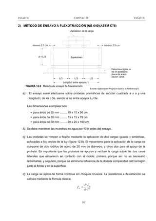 ENSAYOS

CAPITULO 12

ENSAYOS

2) MÉTODO DE ENSAYO A FLEXOTRACCIÓN (NB 640)(ASTM C78)
Aplicacion de la carga

minimo 2.5 cm

minimo 2.5 cm

d = L/3

Espécimen

L/3

L/3

L/3

Estructura rigida, si
es un accesorio,
placa de acero
secion canal

Longitud entre apoyos, L

FIGURA 12.8 Método de ensayo de flexotracción
Fuente: Elaboración Propia en base a la Referencia 6

a)

El ensayo suele efectuarse sobre probetas prismáticas de sección cuadrada a x a y una
longitud L de 4a o 5a, siendo la luz entre apoyos La=3a.
Las dimensiones a emplear son:
• para árido de 25 mm ......... 10 x 10 x 50 cm
• para árido de 38 mm ......... 15 x 15 x 75 cm
• para árido de 50 mm ......... 20 x 20 x 100 cm

b) Se debe mantener las muestras en agua por 40 h antes del ensayo.
c) Las probetas se rompen a flexión mediante la aplicación de dos cargas iguales y simétricas,
colocadas a los tercios de la luz (figura 12.8). El mecanismo para la aplicación de la carga se
compone de dos rodillos de acero de 20 mm de diámetro, y otros dos para el apoyo de la
probeta. Es importante que las probetas se apoyen y reciban la carga sobre las dos caras
laterales que estuvieron en contacto con el molde; primero, porque así no es necesario
refrentarlas; y segundo, porque se elimina la influencia de la distinta compacidad del hormigón
junto al fondo y en la superficie.

d) La carga se aplica de forma continua sin choques bruscos. La resistencia a flexotracción se
calcula mediante la fórmula clásica:

f ct =

P·La
b·d 2

202

 