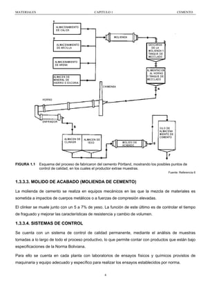 MATERIALES

FIGURA 1.1

CAPITULO 1

CEMENTO

Esquema del proceso de fabricaron del cemento Pórtland, mostrando los posibles puntos de
control de calidad, en los cuales el productor extrae muestras.
Fuente: Referencia 6

1.3.3.3. MOLIDO DE ACABADO (MOLIENDA DE CEMENTO)
La molienda de cemento se realiza en equipos mecánicos en las que la mezcla de materiales es
sometida a impactos de cuerpos metálicos o a fuerzas de compresión elevadas.
El clinker se muele junto con un 5 a 7% de yeso. La función de este último es de controlar el tiempo
de fraguado y mejorar las características de resistencia y cambio de volumen.

1.3.3.4. SISTEMAS DE CONTROL
Se cuenta con un sistema de control de calidad permanente, mediante el análisis de muestras
tomadas a lo largo de todo el proceso productivo, lo que permite contar con productos que están bajo
especificaciones de la Norma Boliviana.
Para ello se cuenta en cada planta con laboratorios de ensayos físicos y químicos provistos de
maquinaria y equipo adecuado y específico para realizar los ensayos establecidos por norma.
4

 