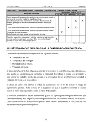 PUESTA EN OBRA

TABLA 18.1

CAPÍTULO 18

CURADO

MEDIDAS PARA EL CURADO EN FUNCIÓN DE LA TEMPERATURA EXTERNA.
Temperatura externa en ºC
MEDIDAS A TOMAR
< -3 - 3 a + 5 +5 a +10 +10 a +25 > +25

Cubrir las superficies expuestas, aplicar una membrana de curado o
mantener la humedad mediante regado continuo.
Superficies encofradas: mantener la humedad del encofrado de
madera, proteger los encofrados metálicos contra la insolación
directa.

X
X

Cubrir las superficies expuestas o aplicar una membrana de curado.
Cubrir las superficies expuestas, aplicar una membrana de curado.
Protección térmica necesaria.
Superficies encofradas: aplicar una protección térmica.
Aislar las superficies expuestas y calentar o aplicar una protección
térmica. La temperatura del hormigón debe ser mantenida por
encima de los + 10ºC al menos por 3 días

X

X

X
X
Fuente: Referencia 5

18.5. MÉTODO GRÁFICO PARA CALCULAR LA CANTIDAD DE AGUA EVAPORADA
La velocidad de deshidratación depende de los siguientes factores:
• Temperatura del aire.
• Temperatura del hormigón
• Humedad relativa del aire.
• Velocidad del viento.
El ábaco de la figura 18.4 es útil para caracterizar el entorno en el cuál el hormigón se está vaciando.
Esto puede ser provechoso para pronosticar la necesidad de medidas el curado y de protección y
para estimar los probables efectos de cambios en la temperatura del aire o del hormigón, humedad, o
velocidad del viento en la evaporación.
El ábaco se utiliza para estimar el índice de evaporación con el fin de evaluar el riesgo de
agrietamiento plástico.

Esto se basa en la suposición de que la superficie comienza a secarse

cuando el Indice de Evaporación excede al Indice de Exudación.
El índice de exudación se asume normalmente igual a 1,0 kg/m2/h para hormigones fabricados con
Cemento Pórtland y de 0.5 kg/m2/h para hormigones fabricados con Cemento Pórtland con Puzolana.
Como consecuencia una evaporación superior a estos valores, dependiendo el caso, produce casi
inevitablemente el agrietamiento plástico.

302

 