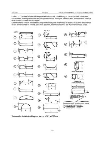 ANEXOS

ANEXO 3

TOLERANCIAS PARA LAS BARRAS DE REFUERZO

La ACI 117, provee de tolerancias para la construcción con Hormigón, tanto para los materiales,
fundaciones, hormigón vaciado en sitio para edificios, hormigón prefabricado, mampostería y varios
otras construcciones con hormigón.
En este anexo solo se presenta los requerimientos para el refuerzo de acero, en cuanto a tolerancia
en las dimensiones se refiere, para más detalles, referirse al comité del ACI mencionado antes.

Tolerancias de fabricación para barras ∅9.5 a ∅35mm

-1-

 