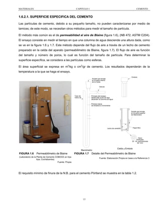 MATERIALES

CAPITULO 1

CEMENTO

1.6.2.1. SUPERFICIE ESPECIFICA DEL CEMENTO
Las partículas de cemento, debido a su pequeño tamaño, no pueden caracterizarse por medio de
tamices; de este modo, se necesitan otros métodos para medir el tamaño de partícula.
El método más común es el de permeabilidad al aire de Blaine (figura 1.6), (NB 472; ASTM C204).
El ensayo consiste en medir el tiempo en que una columna de agua desciende una altura dada, como
se ve en la figura 1.6 y 1.7. Este método depende del flujo de aire a través de un lecho de cemento
preparado en la celda del aparato (permeabilimetro de Blaine, figura 1.7). El flujo de aire es función
del tamaño y número de poros, lo cual es función del tamaño de partícula. Para determinar la
superficie específica, se considera a las partículas como esferas.
El área superficial se expresa en m2/kg o cm2/gr de cemento. Los resultados dependerán de la
temperatura a la que se haga el ensayo.
Embolo

Acople que encaja
en la parte inferior
de la Celda
Valvula

Tubo de
Vidrio de

Principio del ensayo
desde este punto se deja
decender la columna de agua
Primera marca
se empieza a cronometrar

Acople que encaja
en la parte superior
de Manómetro

Papel filtro

Lecho de cemento

Disco
Perforado
30 - 40, perforaciones
de 1mm

Manómetro

FIGURA 1.6

Permeabilimetro de Blaine

FIGURA 1.7

(Laboratorio de la Planta de Cemento COBOCE en Irpa
Irpa, Cochabamba)
Fuente: Propia

Celda y Embolo

Detalle del Permeabilimetro de Blaine
Fuente: Elaboración Propia en base a la Referencia 3

El requisito mínimo de finura de la N.B. para el cemento Pórtland se muestra en la tabla 1.2.

13

 