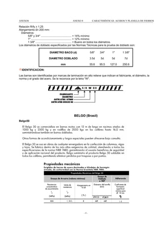 ANEXOS

ANEXO 8

CARACTERÍSTICAS ACEROS Y PLANILLA DE FIERROS

Relación R/fy > 1,25
Alargamiento en 200 mm:
Diámetros:
5/8" y 3/4" ......................................... = 14% mínimo
1" ...................................................... = 12% mínimo
1 3/8" ................................................ = Bueno en todos los diámetros.
Los diámetros de doblado especificados por las Normas Técnicas para la prueba de doblado son:
DIAMETRO BACO (d)

5/8"

3/4"

1"

1 3/8"

DIAMETRO DOBLADO

3.5d

5d

5d

7d

mm

55.6

95.5

127.0

250.6

IDENTIFICACION:
Las barras son identificadas por marcas de laminación en alto relieve que indican el fabricante, el diámetro, la
norma y el grado del acero. Se le reconoce por la letra "W".

BELGO (Brasil)
Belgo50

-4-

 
