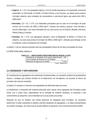 MATERIALES

CAPITULO 2

AGREGADOS

• Ligeros, Gs < 2.5. Los agregados ligeros, como la arcilla esquistosa y la expandida, la escoria
expandida, la Vermiculita, la Perlita, la Piedra Pómez y las Cenizas, se utilizan para producir
hormigón aislante, para unidades de mampostería o estructural ligero que pesa entre 400 y
2000 kg/m3.
• Normales, 2.5 < Gs < 2.75. Los materiales principales que se usan en el hormigón de peso
normal, por lo común de 2300 a 2500 kg/m3, incluyen las arenas y gravas, roca triturada y
escoria siderurgica. Las rocas trituradas de uso más común son el Granito, Basalto, Arenisca,
Piedra Caliza y Cuarcita.
• Pesados, Gs > 2.75. Los agregados pesados, como la Magnetita, la Barita o el Hierro de
desecho, se usan para producir hormigón de 2900 a 3500 kg/m3, utilizado para blindaje contra
la radiación y para contrapesos de hormigón.
La tabla 2.1 da los valores promedio para las propiedades físicas de los tipos principales de rocas.

La EHE limita estos valores a:
TABLA 2.2 LIMITACIONES FÍSICO-MECÁNICAS SEGÚN LA EHE
Resistencia al desgaste de la grava determinada ≤40
con el método de ensayo de Los Ángeles
Absorción de agua por los áridos
≤ 5%
Fuente.: Referencia 5

2.4. BÚSQUEDA Y EXPLORACIÓN
Al considerarse los agregados como elementos fundamentales, es necesario analizar las propiedades
físicas y ventajas que podrían brindar en la elaboración de hormigones, de acuerdo al banco de
provisión del cual son extraídos.
La tabla 2.3 muestra un resumen de propiedades de diferentes tipos de rocas.
La exploración o búsqueda del material adecuado para usarse como agregado del hormigón puede
tomar una o varias rutas, dependiendo de la cantidad de material necesario, la ubicación y del
conocimiento ya adquirido o de la facilidad con la que puede procurarse.
Después de que se localiza una fuente potencial de agregado para hormigón, es necesario
determinar si están presentes la calidad y tamaño deseados de agregados, o si estas características
se pueden conseguir, de modo que se pueda calificar la operación como económicamente factible.

30

 