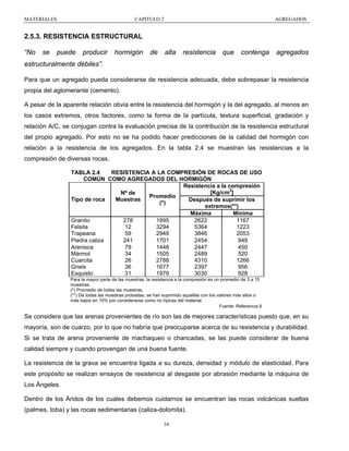MATERIALES

CAPITULO 2

AGREGADOS

2.5.3. RESISTENCIA ESTRUCTURAL
“No

se

puede

producir

hormigón

de

alta

resistencia

que

contenga

agregados

estructuralmente débiles”.
Para que un agregado pueda considerarse de resistencia adecuada, debe sobrepasar la resistencia
propia del aglomerante (cemento).
A pesar de la aparente relación obvia entre la resistencia del hormigón y la del agregado, al menos en
los casos extremos, otros factores, como la forma de la partícula, textura superficial, gradación y
relación A/C, se conjugan contra la evaluación precisa de la contribución de la resistencia estructural
del propio agregado. Por esto no se ha podido hacer predicciones de la calidad del hormigón con
relación a la resistencia de los agregados. En la tabla 2.4 se muestran las resistencias a la
compresión de diversas rocas.
TABLA 2.4
RESISTENCIA A LA COMPRESIÓN DE ROCAS DE USO
COMÚN COMO AGREGADOS DEL HORMIGÓN
Resistencia a la compresión
[Kg/cm2]
Nº de
Promedio
Tipo de roca
Muestras
Después de suprimir los
(*)
extremos(**)
Máxima
Mínima
Granito
278
1895
2622
1167
Felsita
12
3294
5364
1223
Trapeana
59
2949
3846
2053
Piedra caliza
241
1701
2454
949
Arenisca
79
1448
2447
450
Mármol
34
1505
2489
520
Cuarcita
26
2788
4310
1266
Gneis
36
1677
2397
956
Esquisto
31
1979
3030
928
Para la mayor parte de las muestras, la resistencia a la compresión es un promedio de 3 a 15
muestras.
(*) Promedio de todas las muestras,
(**) De todas las muestras probadas, se han suprimido aquellas con los valores más altos o
más bajos en 10% por considerarse como no típicas del material.
Fuente: Referencia 6

Se considera que las arenas provenientes de río son las de mejores características puesto que, en su
mayoría, son de cuarzo, por lo que no habría que preocuparse acerca de su resistencia y durabilidad.
Si se trata de arena proveniente de machaqueo o chancadas, se las puede considerar de buena
calidad siempre y cuando provengan de una buena fuente.
La resistencia de la grava se encuentra ligada a su dureza, densidad y módulo de elasticidad. Para
este propósito se realizan ensayos de resistencia al desgaste por abrasión mediante la máquina de
Los Ángeles.
Dentro de los Áridos de los cuales debemos cuidarnos se encuentran las rocas volcánicas sueltas
(palmes, toba) y las rocas sedimentarias (caliza-dolomita).
34

 