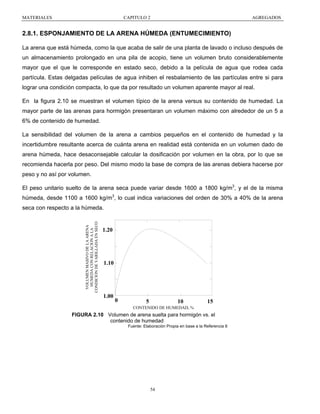 MATERIALES

CAPITULO 2

AGREGADOS

2.8.1. ESPONJAMIENTO DE LA ARENA HÚMEDA (ENTUMECIMIENTO)
La arena que está húmeda, como la que acaba de salir de una planta de lavado o incluso después de
un almacenamiento prolongado en una pila de acopio, tiene un volumen bruto considerablemente
mayor que el que le corresponde en estado seco, debido a la película de agua que rodea cada
partícula. Estas delgadas películas de agua inhiben el resbalamiento de las partículas entre si para
lograr una condición compacta, lo que da por resultado un volumen aparente mayor al real.
En la figura 2.10 se muestran el volumen típico de la arena versus su contenido de humedad. La
mayor parte de las arenas para hormigón presentaran un volumen máximo con alrededor de un 5 a
6% de contenido de humedad.
La sensibilidad del volumen de la arena a cambios pequeños en el contenido de humedad y la
incertidumbre resultante acerca de cuánta arena en realidad está contenida en un volumen dado de
arena húmeda, hace desaconsejable calcular la dosificación por volumen en la obra, por lo que se
recomienda hacerla por peso. Del mismo modo la base de compra de las arenas debiera hacerse por
peso y no así por volumen.
El peso unitario suelto de la arena seca puede variar desde 1600 a 1800 kg/m3, y el de la misma
húmeda, desde 1100 a 1600 kg/m3, lo cual indica variaciones del orden de 30% a 40% de la arena

VOLUMEN MASIVO DE LA ARENA
HUMEDA CON RELACION A LA
CONDICION DE VARILLADA EN SECO

seca con respecto a la húmeda.

1.20

1.10

1.00

0

5

10

15

CONTENIDO DE HUMEDAD, %

FIGURA 2.10 Volumen de arena suelta para hormigón vs. el
contenido de humedad
Fuente: Elaboración Propia en base a la Referencia 6

54

 