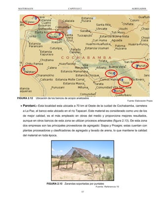 MATERIALES

CAPITULO 2

AGREGADOS

El paso

Itocta

FIGURA 2.12

Ubicación de los bancos de acopio analizados
Fuente: Elaboración Propia

• Parotani.- Esta localidad esta ubicada a 70 km al Oeste de la cuidad de Cochabamba, carretera
a La Paz, el banco esta ubicado en el río Tapacari. Este material es considerado como uno de los
de mejor calidad, es el más empleado en obras del medio y proporciona mejores resultados,
aunque en otros bancos de esta zona se utilizan procesos artesanales (figura 2.13). De esta zona
dos empresas son las principales proveedoras de agregado: Siajsa y Proagre; estas cuentan con
plantas procesadoras y clasificadoras de agregado y lavado de arena, lo que mantiene la calidad
del material en toda época.

FIGURA 2.13 Zarandas soportadas por puntales
Fuente: Referencia 10

57

 