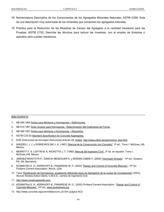 MATERIALES

CAPITULO 2

AGREGADOS

18. Nomenclatura Descriptiva de los Componentes de los Agregados Minerales Naturales, ASTM C294. Esta
da una descripción muy autorizada de los minerales que componen los agregados naturales.
19. Práctica para la Reducción de las Muestras de Campo del Agregado a la cantidad necesaria para las
Pruebas, ASTM C702, Describe las técnicas para reducir las muestras, con el empleo de divisores o
aparatos para cuarteo mecánicos.

BIBLIOGRAFIA
1.

NB 594:1994 Áridos para Morteros y Hormigones – Definiciones.

2.

NB 610:1991 Árido Grueso para Hormigones - Determinación del Coeficiente de Forma.

3.

NB 596:1991 Áridos para Morteros y Hormigones – Requisitos.

4.

ASTM C33-03 Standard Specification for Concrete Aggregates.

5.

EHE (Instrucción de Hormigón Estructural) Articulo 28, Aridos, http://www.mfom.es/cph/norma_ehe.html.

6.

WADDELL J. J. y DOBROWOLSKI J. A. (1997) “Manual de la Construcción con Concreto“. 3ª ed., Tomo I, McGraw_Hill,
Mexico.

7.

MERRITT F. S, LOFTIN M. K, RICKETTS J. T. (1999) “Manual del Ingeniero Civil”. 3ª ed. en español, Tomo I.
McGraw_Hill, Mexico.

8.

JIMENEZ MONTOYA P., GARCIA MESEGUER A. y MORAN CABRE F. (2000) “Hormigón Armado”. 14ª ed., Gustavo
Pili, SA, Barcelona.

9.

KOSMATKA S. H., KERKHOFF B., PANARESE W. C. (2002) “Design and Control of Concrete Mixtures”, 14ª ed.
Portland Cement Association, Illinois, USA.

10. Tesis “Dosificación de Hormigones, empleando diferentes tipos de Agregados de la ciudad de Cochabamba” (2003),
Alcocer Alvares Edson Denis, U.M.S.S., carrera de Ingeniería Civil.
11. http://www.construaprende.com.
12. KOSMATKA S. H., KERKHOFF B., PANARESE W. C., (2002) Portland Cement Association “Design and Control of
Concrete Mixtures”. 14ª ed., www.portcement.org
13. http://www.concrete.org/committees/com_dir.htm (página ACI)
64

 