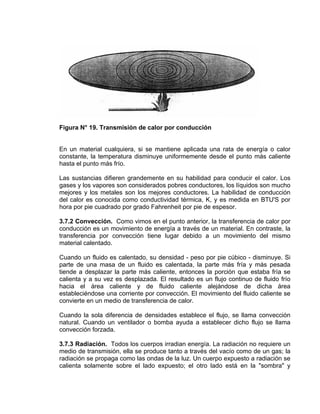 Figura N° 19. Transmisión de calor por conducción 
En un material cualquiera, si se mantiene aplicada una rata de energía o calor constante, la temperatura disminuye uniformemente desde el punto más caliente hasta el punto más frío. 
Las sustancias difieren grandemente en su habilidad para conducir el calor. Los gases y los vapores son considerados pobres conductores, los líquidos son mucho mejores y los metales son los mejores conductores. La habilidad de conducción del calor es conocida como conductividad térmica, K, y es medida en BTU'S por hora por pie cuadrado por grado Fahrenheit por pie de espesor. 
3.7.2 Convección. Como vimos en el punto anterior, la transferencia de calor por conducción es un movimiento de energía a través de un material. En contraste, la transferencia por convección tiene lugar debido a un movimiento del mismo material calentado. 
Cuando un fluido es calentado, su densidad - peso por pie cúbico - disminuye. Si parte de una masa de un fluido es calentada, la parte más fría y más pesada tiende a desplazar la parte más caliente, entonces la porción que estaba fría se calienta y a su vez es desplazada. El resultado es un flujo continuo de fluido frío hacia el área caliente y de fluido caliente alejándose de dicha área estableciéndose una corriente por convección. El movimiento del fluido caliente se convierte en un medio de transferencia de calor. 
Cuando la sola diferencia de densidades establece el flujo, se llama convección natural. Cuando un ventilador o bomba ayuda a establecer dicho flujo se llama convección forzada. 
3.7.3 Radiación. Todos los cuerpos irradian energía. La radiación no requiere un medio de transmisión, ella se produce tanto a través del vacío como de un gas; la radiación se propaga como las ondas de la luz. Un cuerpo expuesto a radiación se calienta solamente sobre el lado expuesto; el otro lado está en la "sombra" y  