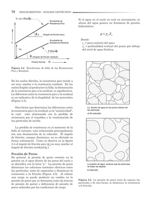 78 DESLIZAMIENTOS - ANÁLISIS GEOTÉCNICO
En los suelos dúctiles, la resistencia pico tiende a
ser muy similar a la resistencia residual. En los
suelos frágiles al producirse la falla, la disminución
de la resistencia pico a la residual, es significativa.
La diferencia entre la resistencia pico y la residual
es un indicativo de la fragilidad de los materiales
(Figura 3.3).
Otro factor que determina las diferencias entre
la resistencia pico y la residual, es la “sensitividad”,
la cual está relacionada con la pérdida de
resistencia por el remoldeo o la reorientación de
las partículas de arcilla.
La pérdida de resistencia en el momento de la
falla al cortante, está relacionada principalmente
con una disminución de la cohesión. El ángulo
de fricción, aunque disminuye, no es afectado en
forma substancial. Como se observa en la figura
3.4 el ángulo de fricción pico (φp
) es muy similar al
ángulo de fricción residual (φr
).
Presión de Poros
En general, la presión de poros consiste en la
presión en el agua dentro de los poros del suelo y
se identifica con la letra “µ”. La presión de poros
disminuye los esfuerzos normales efectivos entre
las partículas, trata de separarlas y disminuye la
resistencia a la fricción (Figura 3.5). Al colocar
una carga se puede producir un cambio en la
presión de poros que se denomina como Δµ (exceso
de presión de poros) o deficiencia de presión de
poros inducidos por las condiciones de carga.
Si el agua en el suelo no está en movimiento, la
altura del agua genera un fenómeno de presión
hidrostática:
Donde:
γw
= peso unitario del agua
zw
= profundidad vertical del punto por debajo
del nivel de agua freática.
Figura 3.5 La presión de poros trata de separar las
partículas y de esta forma, se disminuye la resistencia
a la fricción.
Figura 3.4 Envolventes de falla de las Resistencias
Pico y Residual.
Presión Normal
Resistencia Residual
Resistencia Pico
p
r (Angulo de fricción residual)
(Angulo de fricción pico)
Cp
= tan r
= Cp + tan p
Envolvente de
Envolvente de
La tensión de agua en los poros intenta unir
las partículas
La presión de agua produce que las partículas
se traten de separar
a) No saturado
b) Saturado
.w wZµ γ=
 