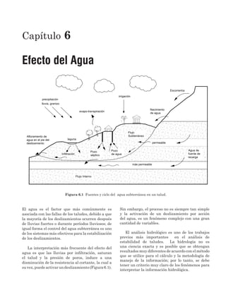 Capítulo 6
Efecto del Agua
Figura 6.1 Fuentes y ciclo del agua subterránea en un talud.
El agua es el factor que más comúnmente es
asociada con las fallas de los taludes, debido a que
la mayoría de los deslizamientos ocurren después
de lluvias fuertes o durante períodos lluviosos; de
igual forma el control del agua subterránea es uno
de los sistemas más efectivos para la estabilización
de los deslizamientos.
La interpretación más frecuente del efecto del
agua es que las lluvias por infiltración, saturan
el talud y la presión de poros, induce a una
disminución de la resistencia al cortante, la cual a
su vez, puede activar un deslizamiento (Figura 6.1).
Sin embargo, el proceso no es siempre tan simple
y la activación de un deslizamiento por acción
del agua, es un fenómeno complejo con una gran
cantidad de variables.
El análisis hidrológico es uno de los trabajos
previos más importantes en el análisis de
estabilidad de taludes. La hidrología no es
una ciencia exacta y es posible que se obtengan
resultados muy diferentes de acuerdo con el método
que se utilice para el cálculo y la metodología de
manejo de la información; por lo tanto, se debe
tener un criterio muy claro de los fenómenos para
interpretar la información hidrológica.
lluvia, granizo
precipitación
evapo-transpiración
laguna
Afloramiento de
agua en el pie del
deslizamiento
Flujo Interno
más permeable
permeable
Nacimiento
de agua
Escorrentia
irrigación
Pozo
de agua
Pozo
séptico
Flujo
Subterráneo
Infiltración
Agua de
fuente de
recarga
DESLIZAMIENTOS: ANALISIS GEOTECNICO
JAIME SUAREZ
www.erosion.com.co
 